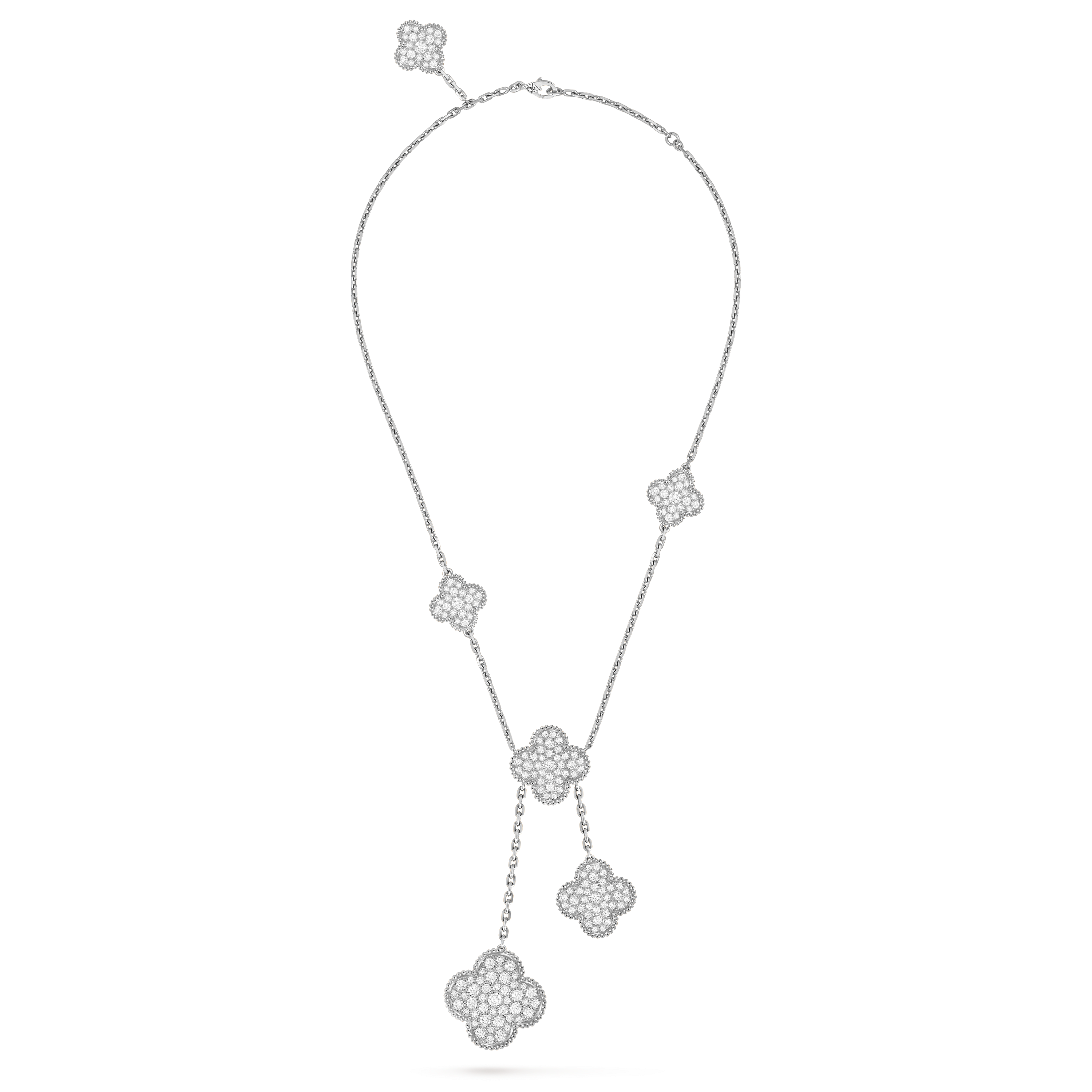 Magic Alhambra项链，6枚四叶幸运图案, 18K白金, 钻石:  182颗,  6.17 克拉, Detail, Jewelry Necklace_梵克雅宝_Van Cleef & Arpels