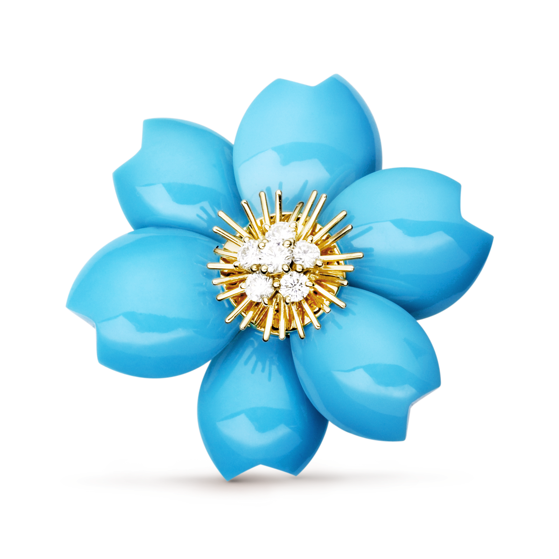 Rose de Noël胸针，中号款式, 18K黄金, 绿松石:  6颗, 钻石:  6颗,  0.48 克拉, Front, Jewelry Clip_梵克雅宝_Van Cleef & Arpels