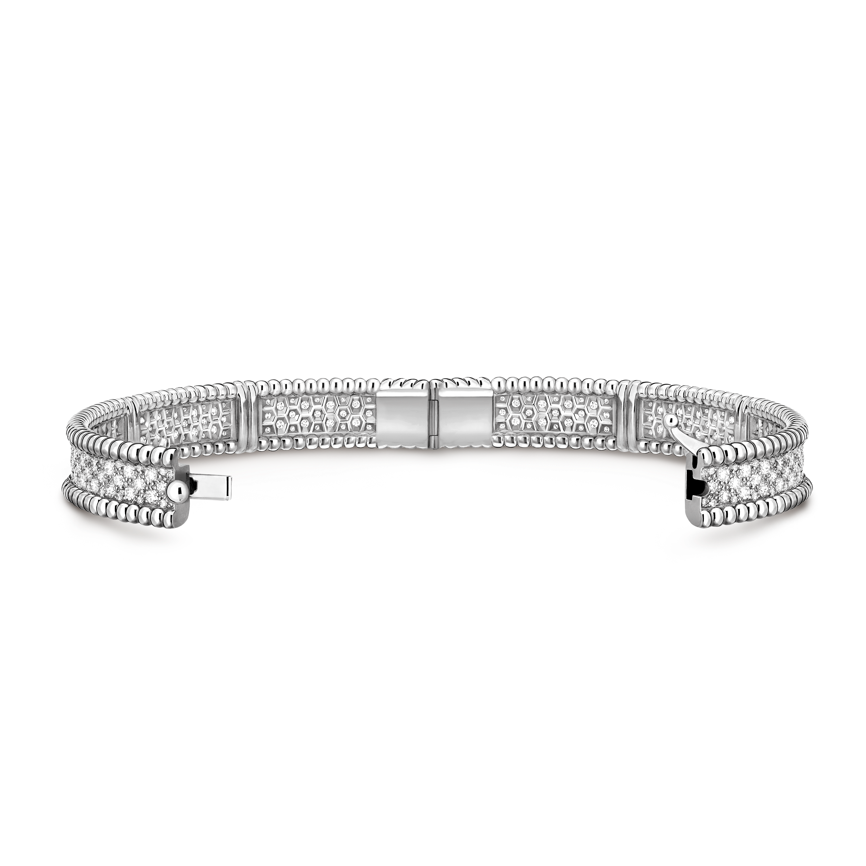 Perlée diamonds bracelet, 3 rows, medium model, 18K white gold, Diamond:  284 stones,  3.37 carats, Open, Jewelry Bracelet - Van Cleef & Arpels