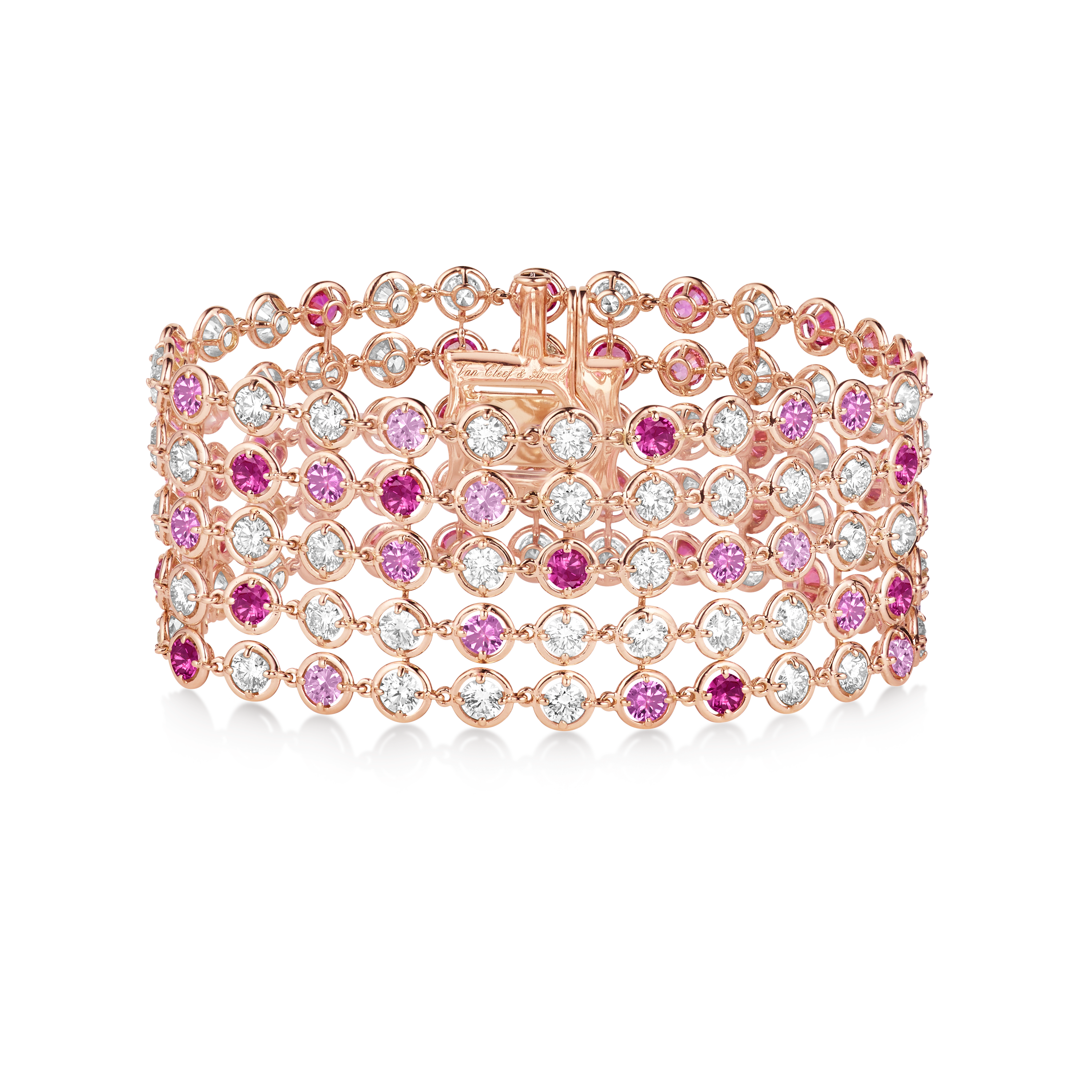 Palmyre bracelet, 18K rose gold, Diamond:  77 stones,  10.74 carats, Sapphire:  58 stones,  9 carats, Front, High Jewelry Bracelet - Van Cleef & Arpels