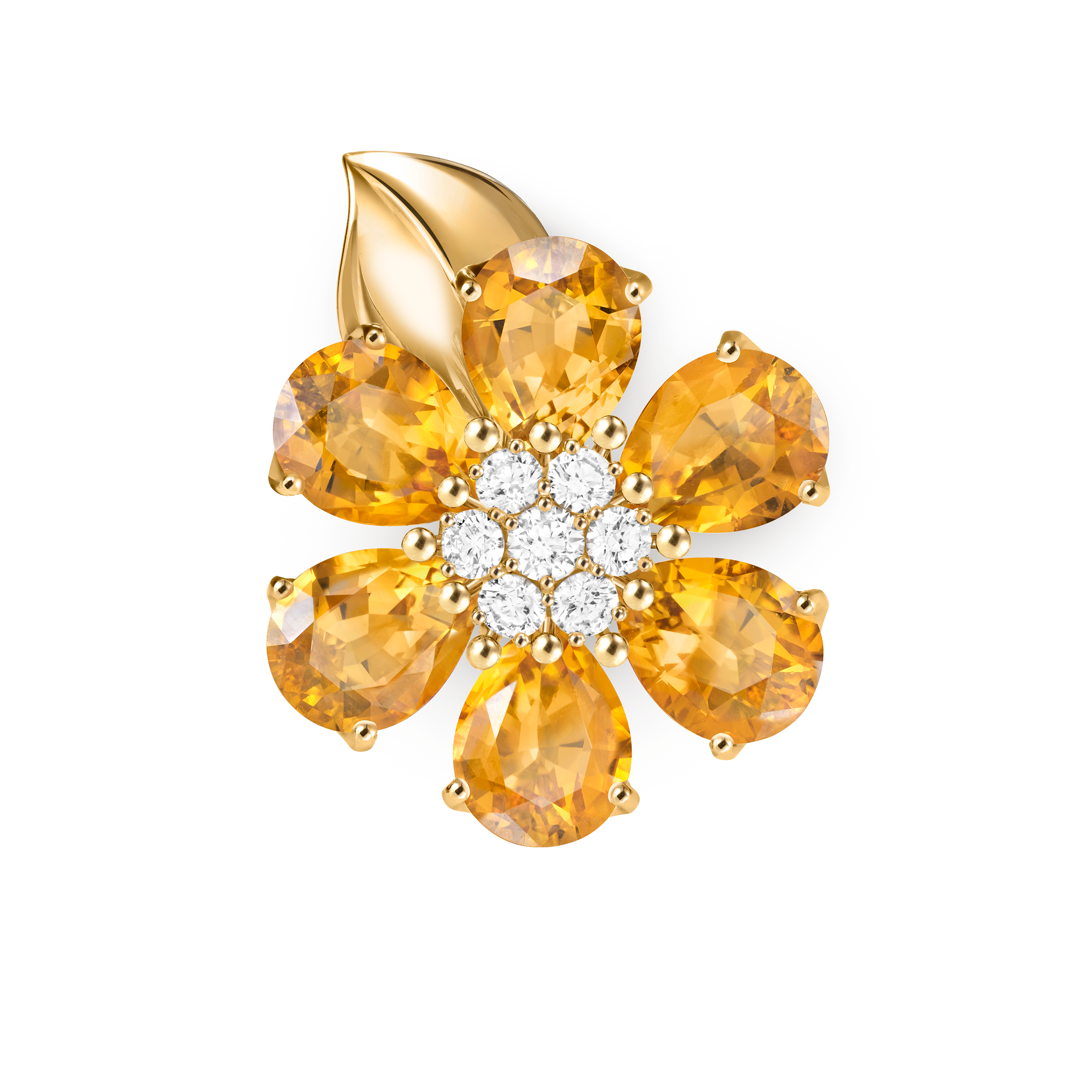 Fleurs d’Hawaï ring, 18K yellow gold, Citrine:  6 stones,  9.3 carats, Diamond:  7 stones,  0.54 carat, Profile, Jewelry Ring - Van Cleef & Arpels