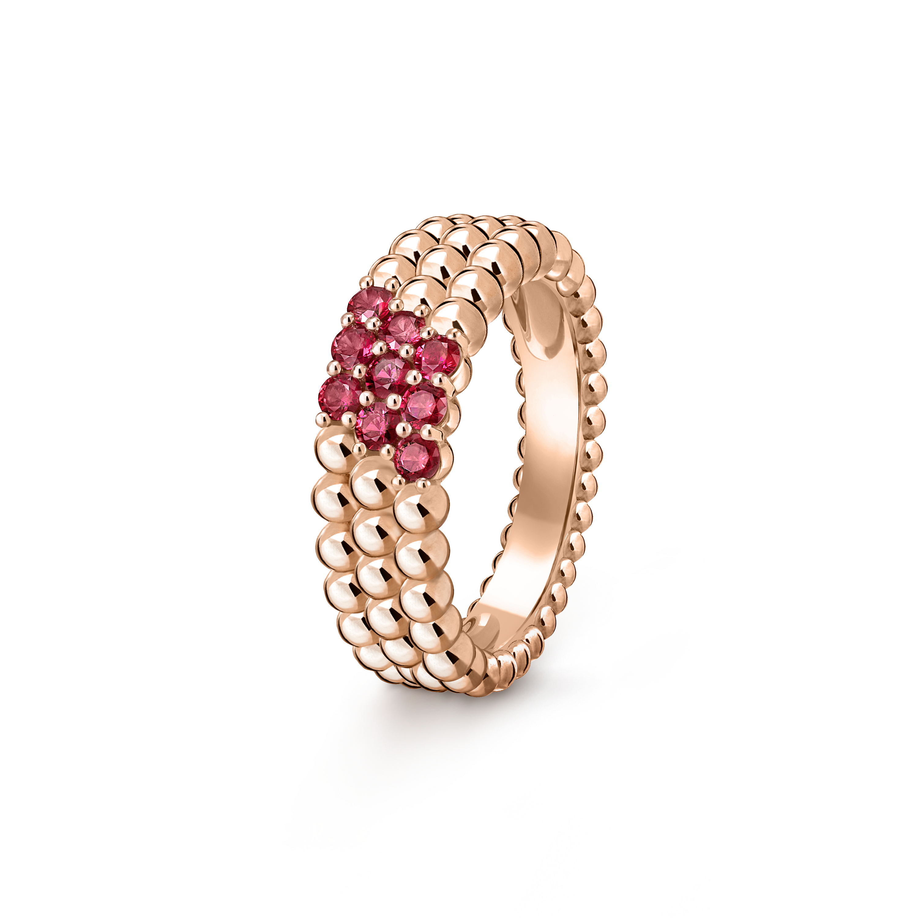 Perlée couleurs ring, 3 rows, 18K rose gold, Ruby:  9 stones,  0.41 carat, Three Fourth, Jewelry Ring - Van Cleef & Arpels