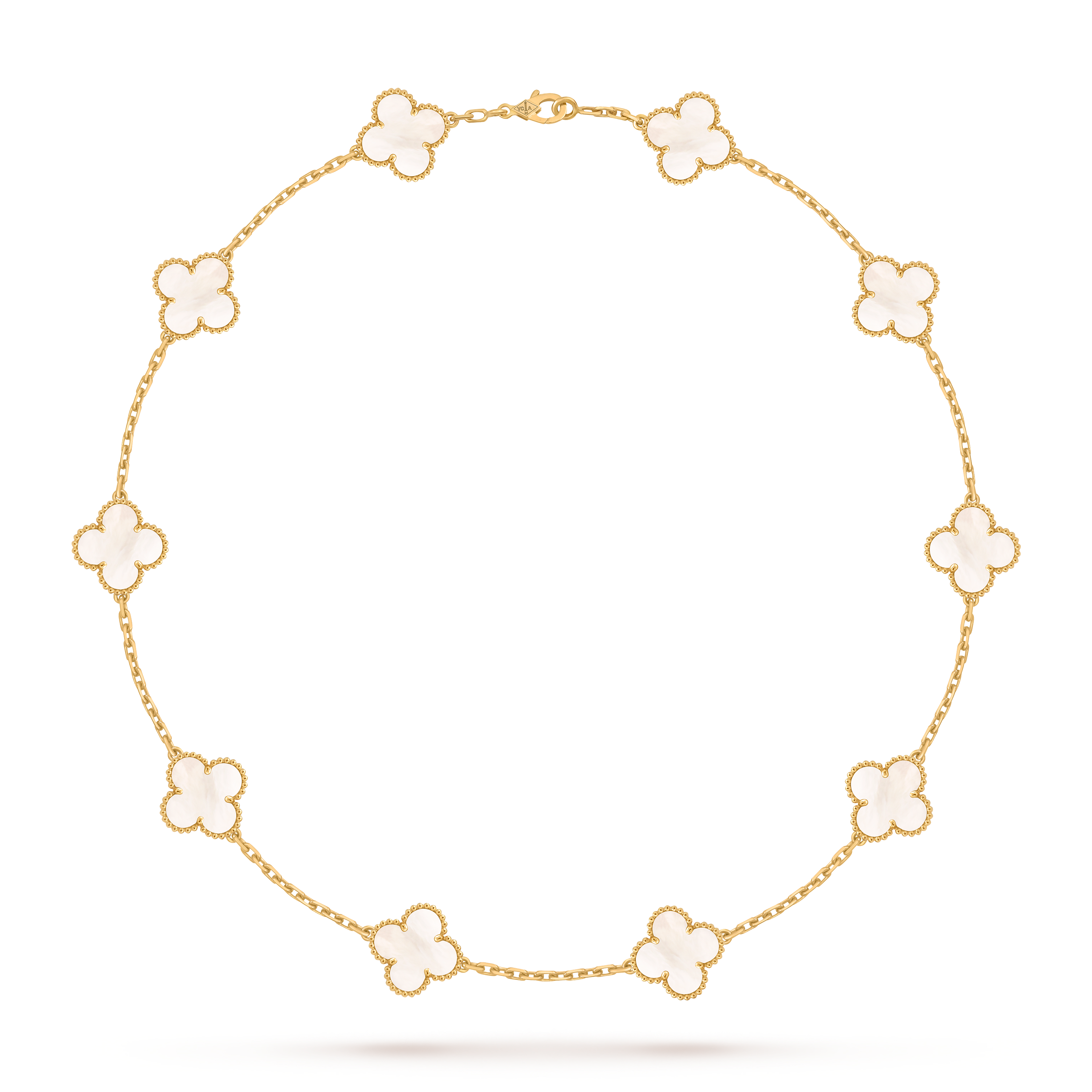 Vintage Alhambra necklace, 10 motifs, 18K yellow gold, Mother-of-pearl:  10 stones, Front, Jewelry Necklace - Van Cleef & Arpels