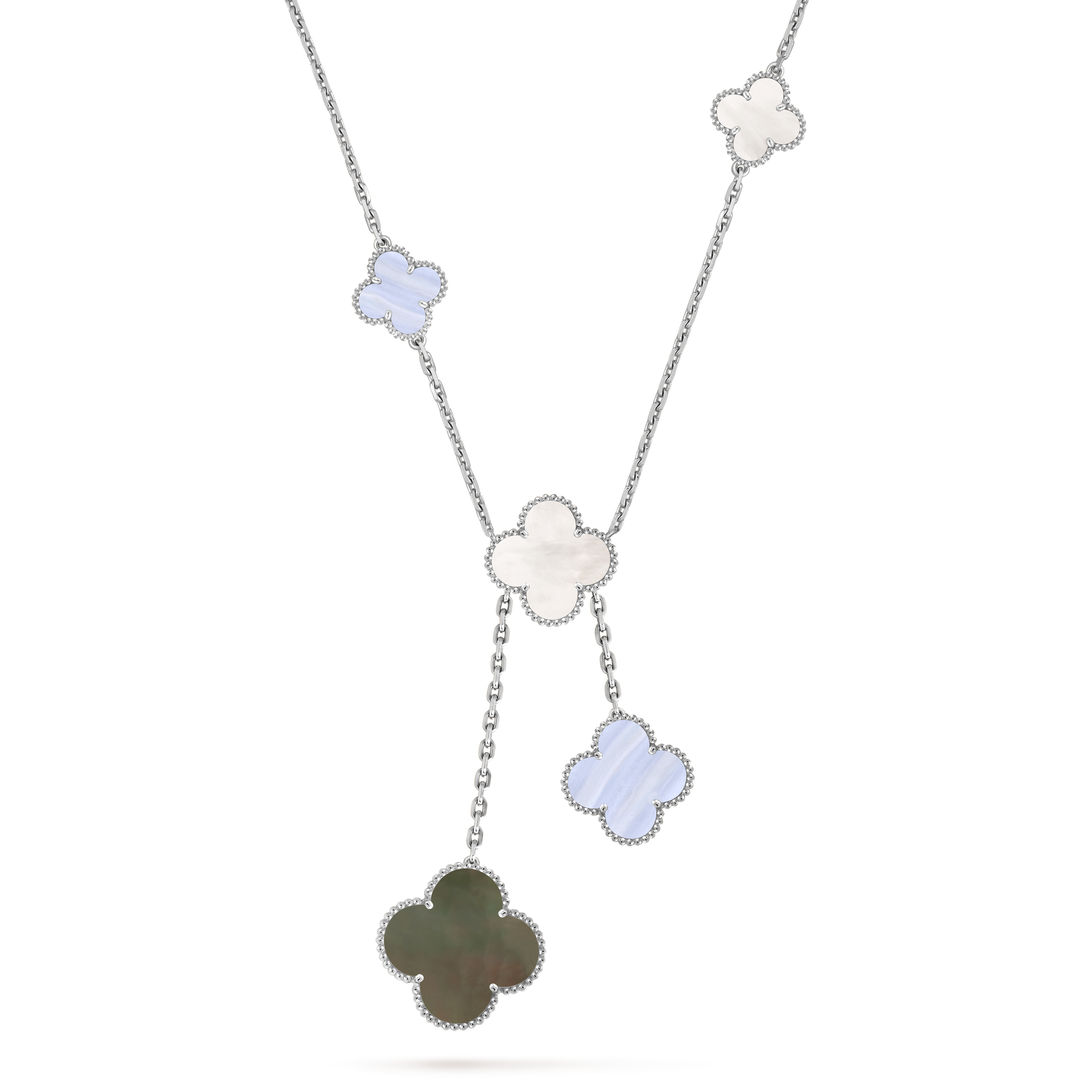 Magic Alhambra项链，6枚四叶幸运图案, 18K白金, 玉髓:  2颗, 珍珠母贝:  4颗, Detail Alternative, Jewelry Necklace_梵克雅宝_Van Cleef & Arpels