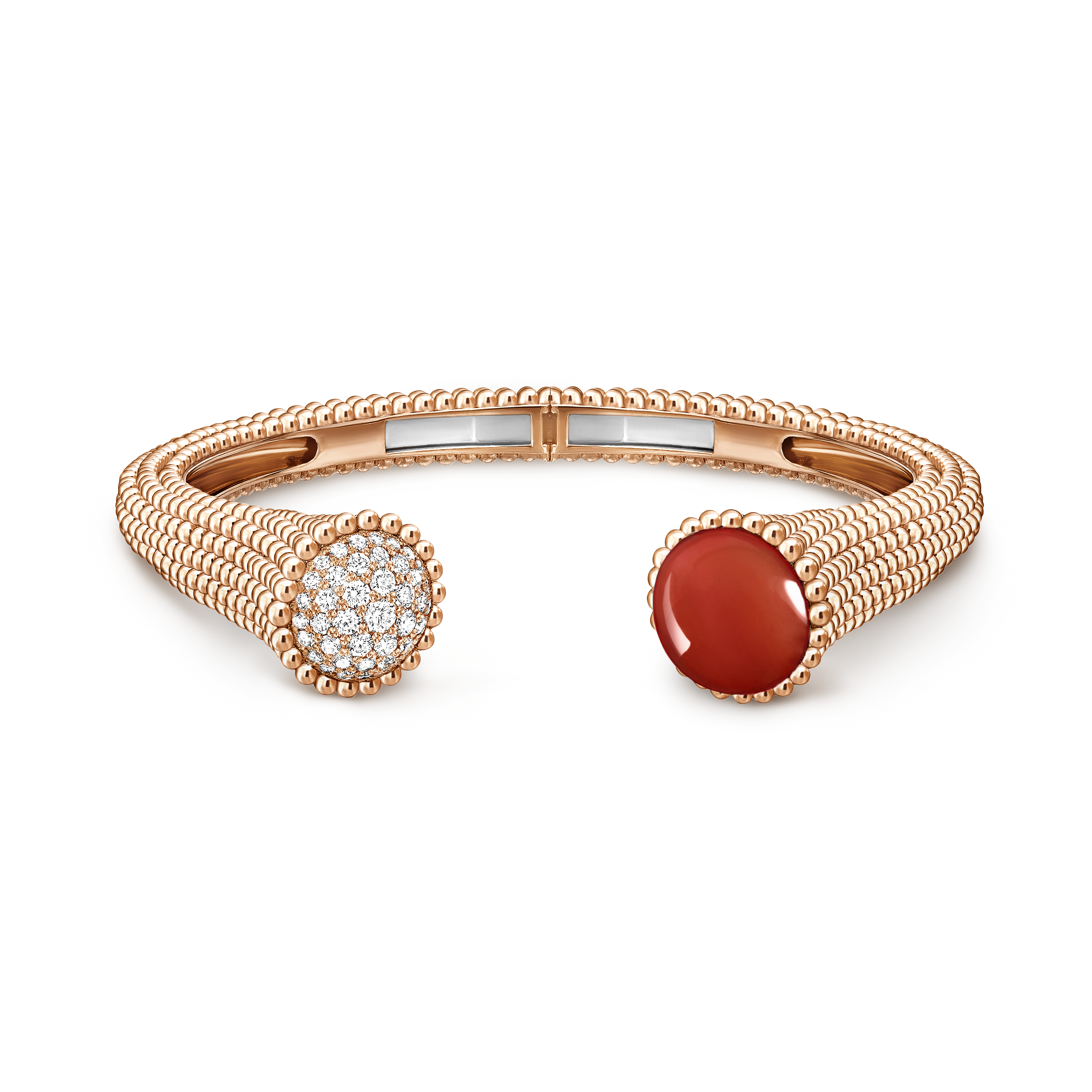 Perlée couleurs bracelet, medium model, 18K rose gold, Carnelian:  1 stone, Diamond:  43 stones,  0.73 carat, Front, Jewelry Bracelet - Van Cleef & Arpels