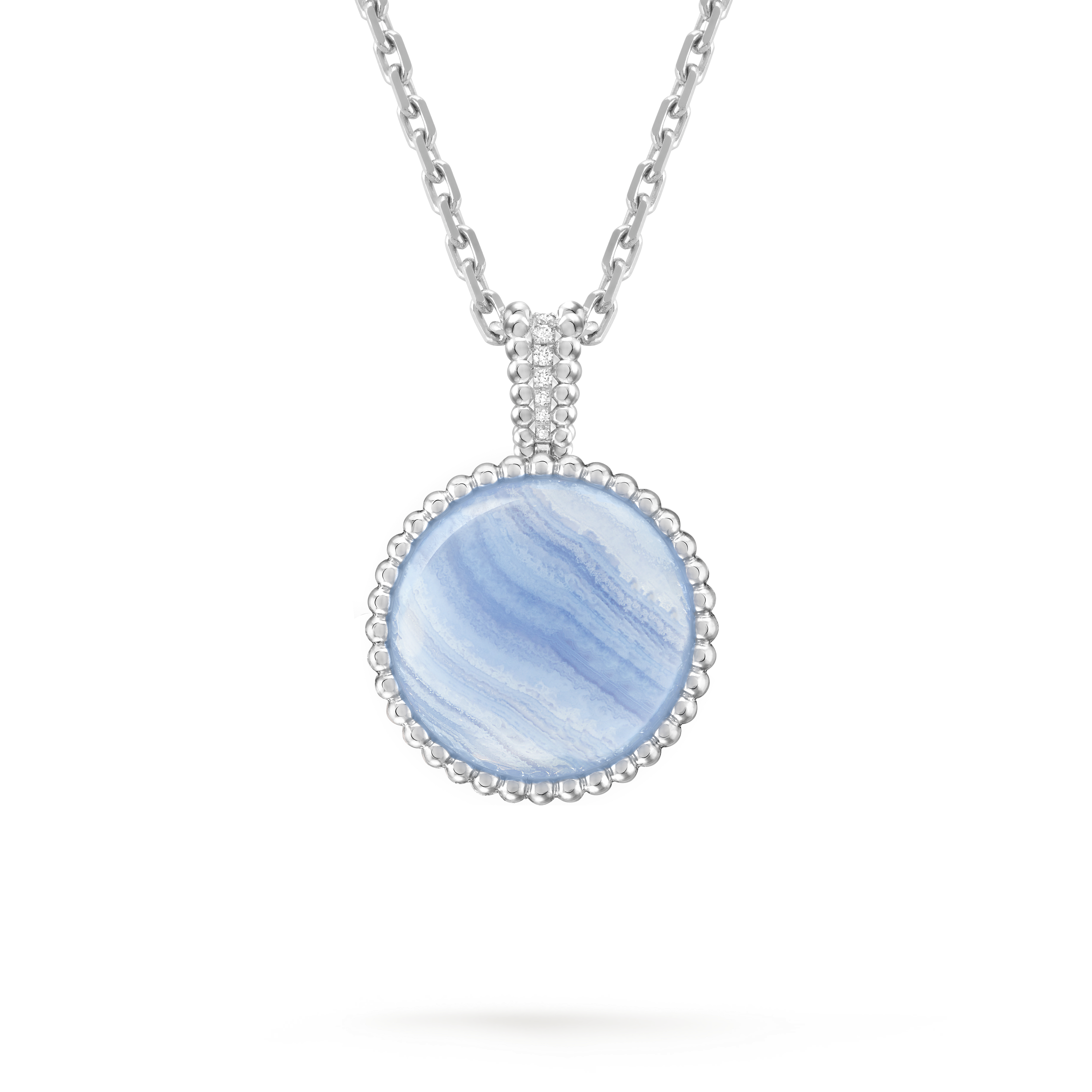 Perlée secret pendant watch, 18K white gold, Chalcedony:  1 stone, Diamond:  40 stones,  0.92 carat, Mother-of-pearl:  1 stone, Back, Watch - Van Cleef & Arpels
