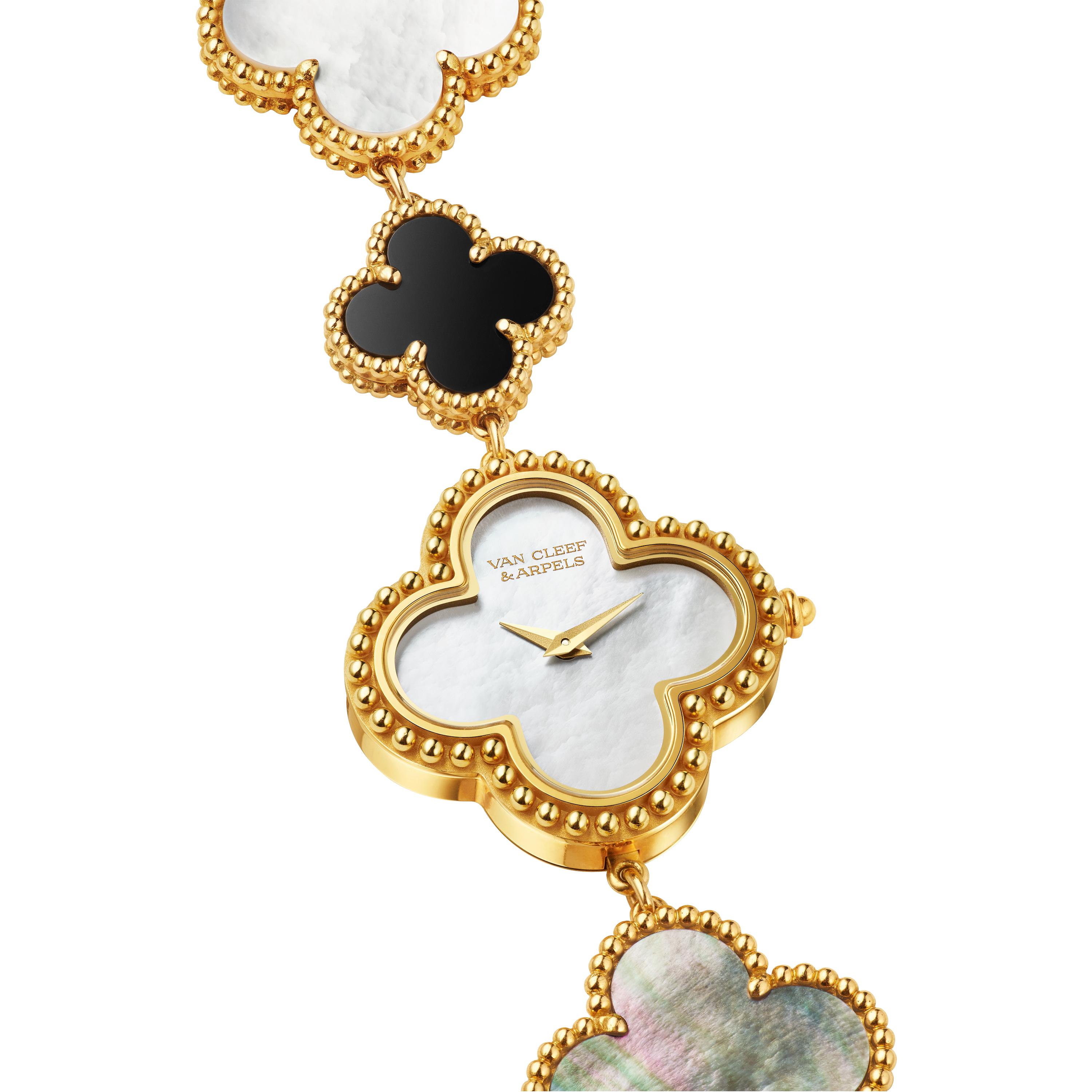 Alhambra watch, small model, 18K yellow gold, Mother-of-pearl:  5 stones, Onyx:  3 stones, Detail, Watch - Van Cleef & Arpels