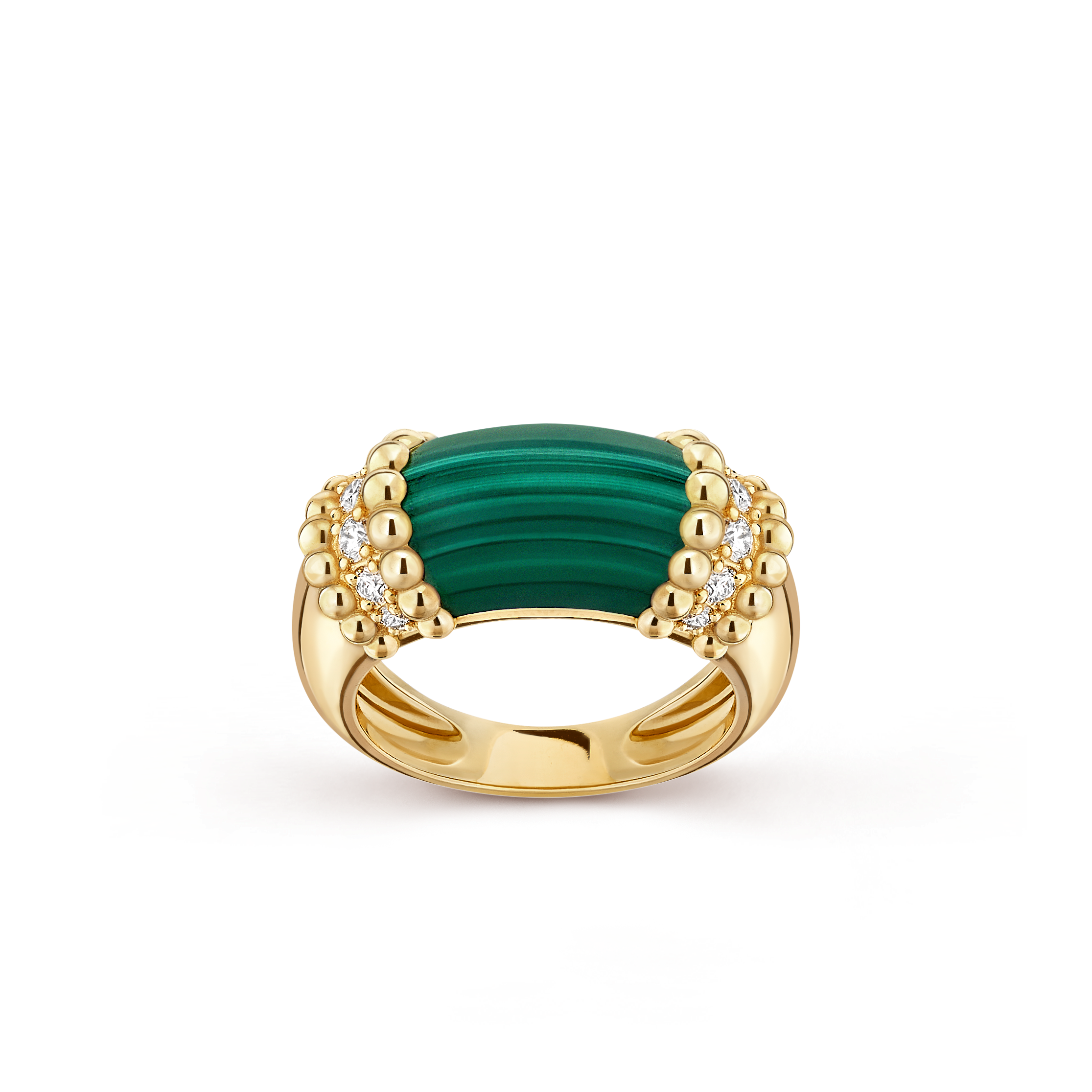 Perlée couleurs ring, 18K yellow gold, Diamond:  12 stones,  0.29 carat, Malachite:  1 stone, Front, Jewelry Ring - Van Cleef & Arpels