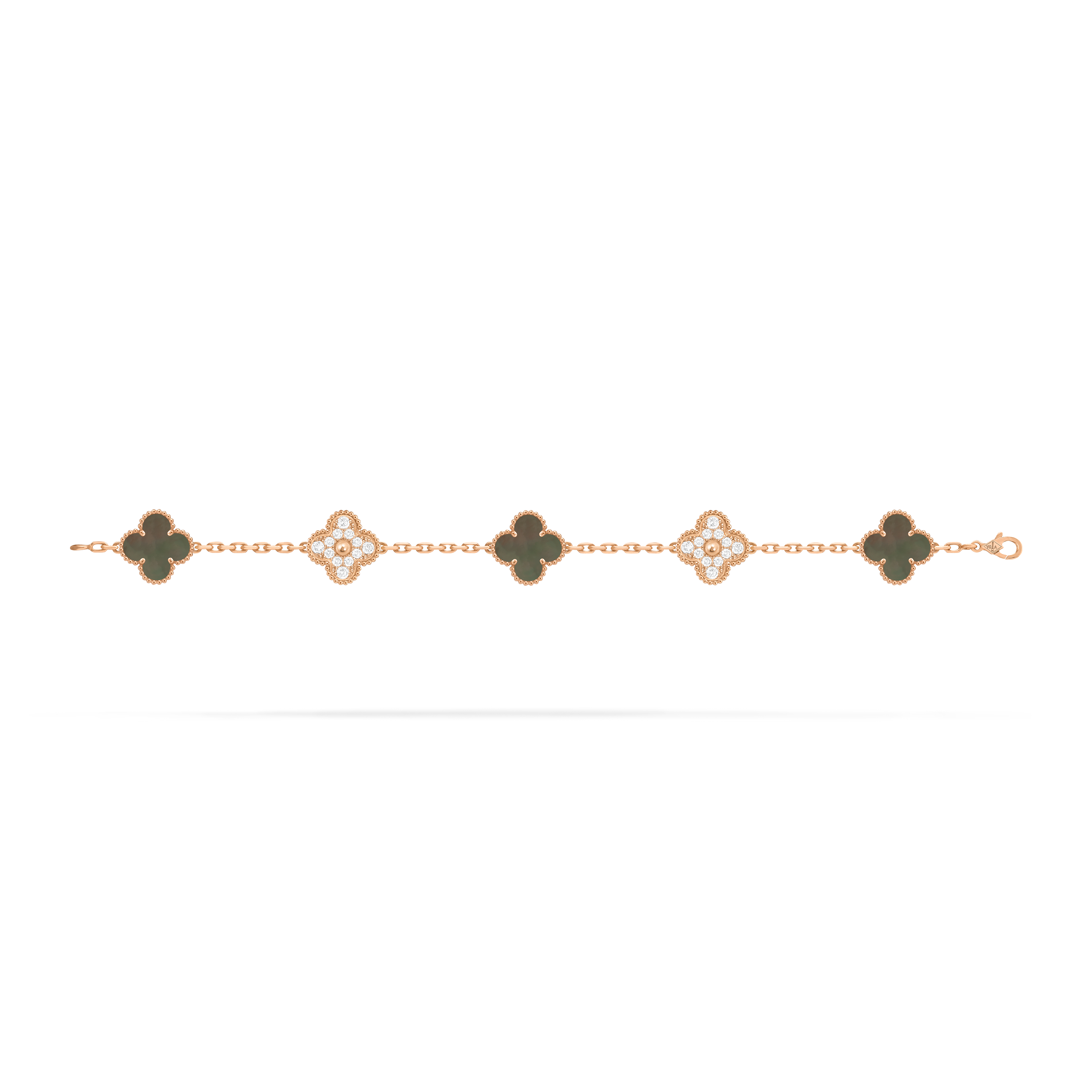 Vintage Alhambra bracelet, 5 motifs, 18K rose gold, Diamond:  24 stones,  0.96 carat, Mother-of-pearl:  3 stones, Open, Jewelry Bracelet - Van Cleef & Arpels
