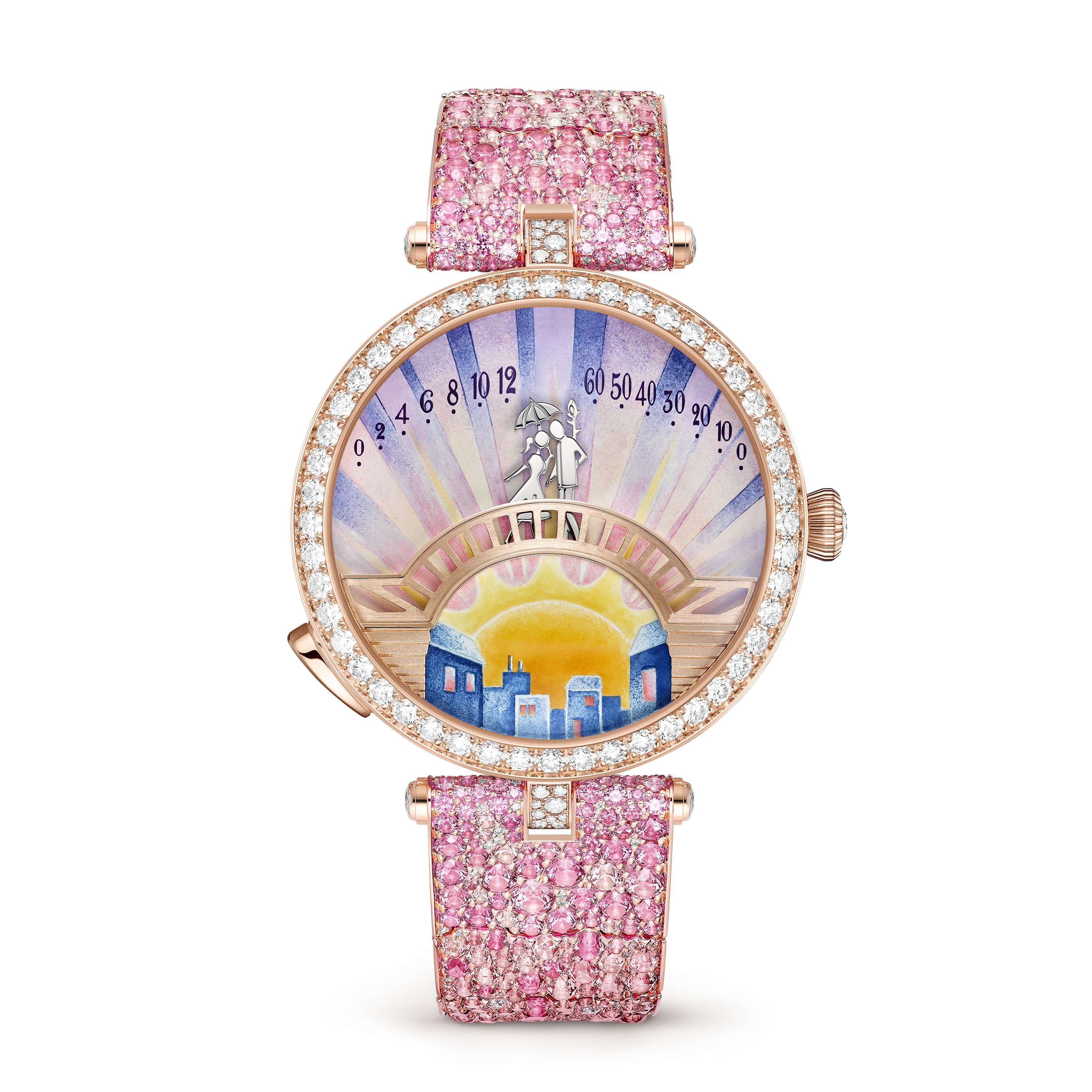 Lady Arpels Pont des Amoureux Aube腕表, 18K玫瑰金, 蓝宝石:  639颗,  18.83 克拉, 钻石:  903颗,  11.78 克拉, Front Alternative, Watch_梵克雅宝_Van Cleef & Arpels