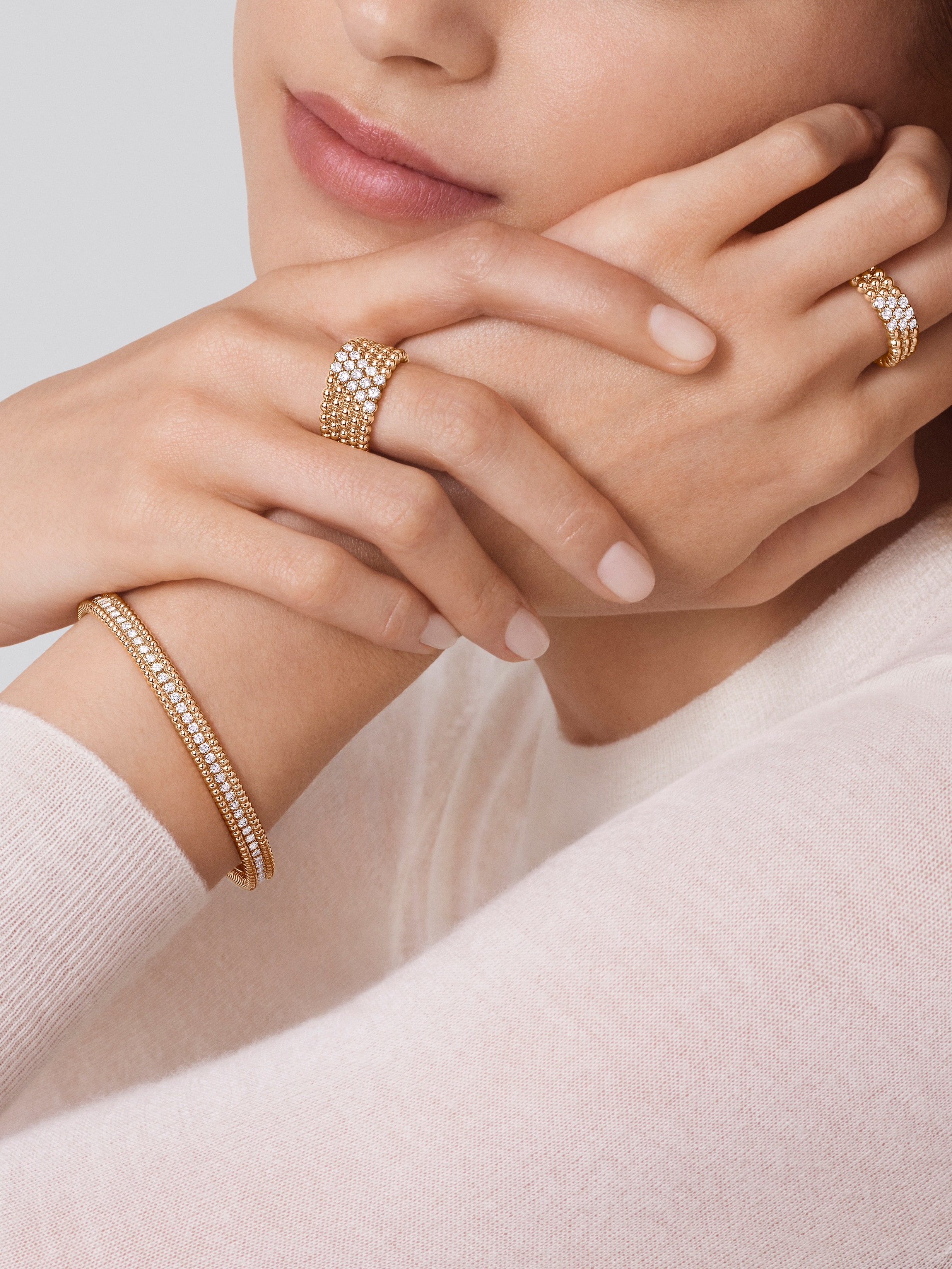 Perlée diamonds bracelet, 1 row, medium model, 18K rose gold, Diamond:  80 stones,  2.16 carats, Worn Alternative, Jewelry Bracelet - Van Cleef & Arpels