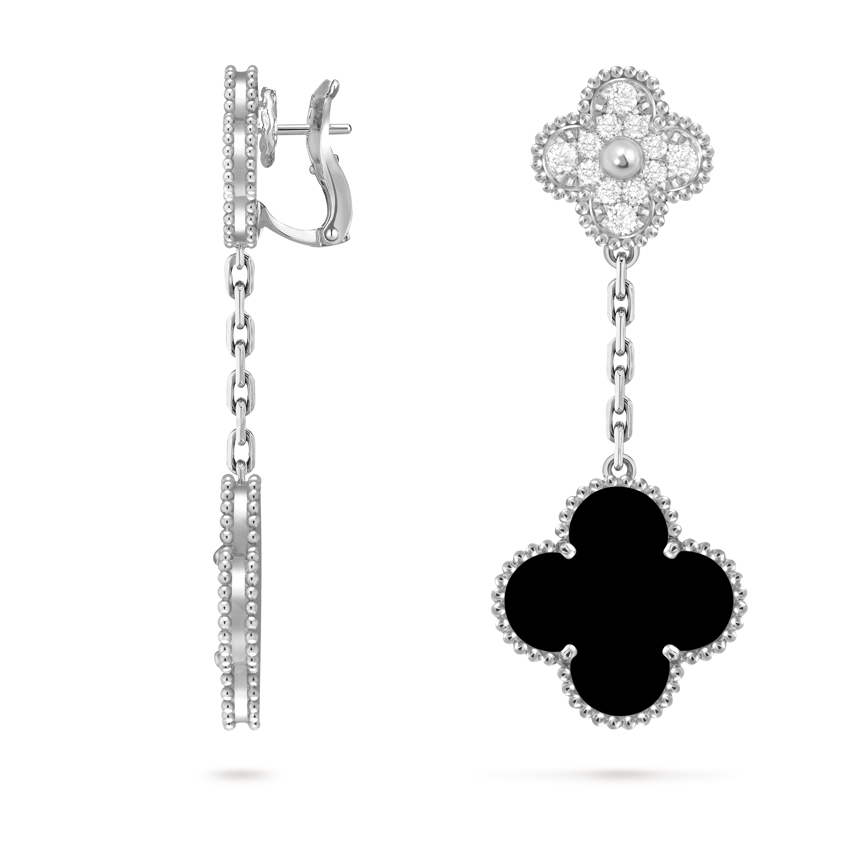Magic Alhambra earrings, 2 motifs, 18K white gold, Diamond:  24 stones,  0.96 carat, Onyx:  2 stones, Three Fourth, Jewelry Earrings - Van Cleef & Arpels
