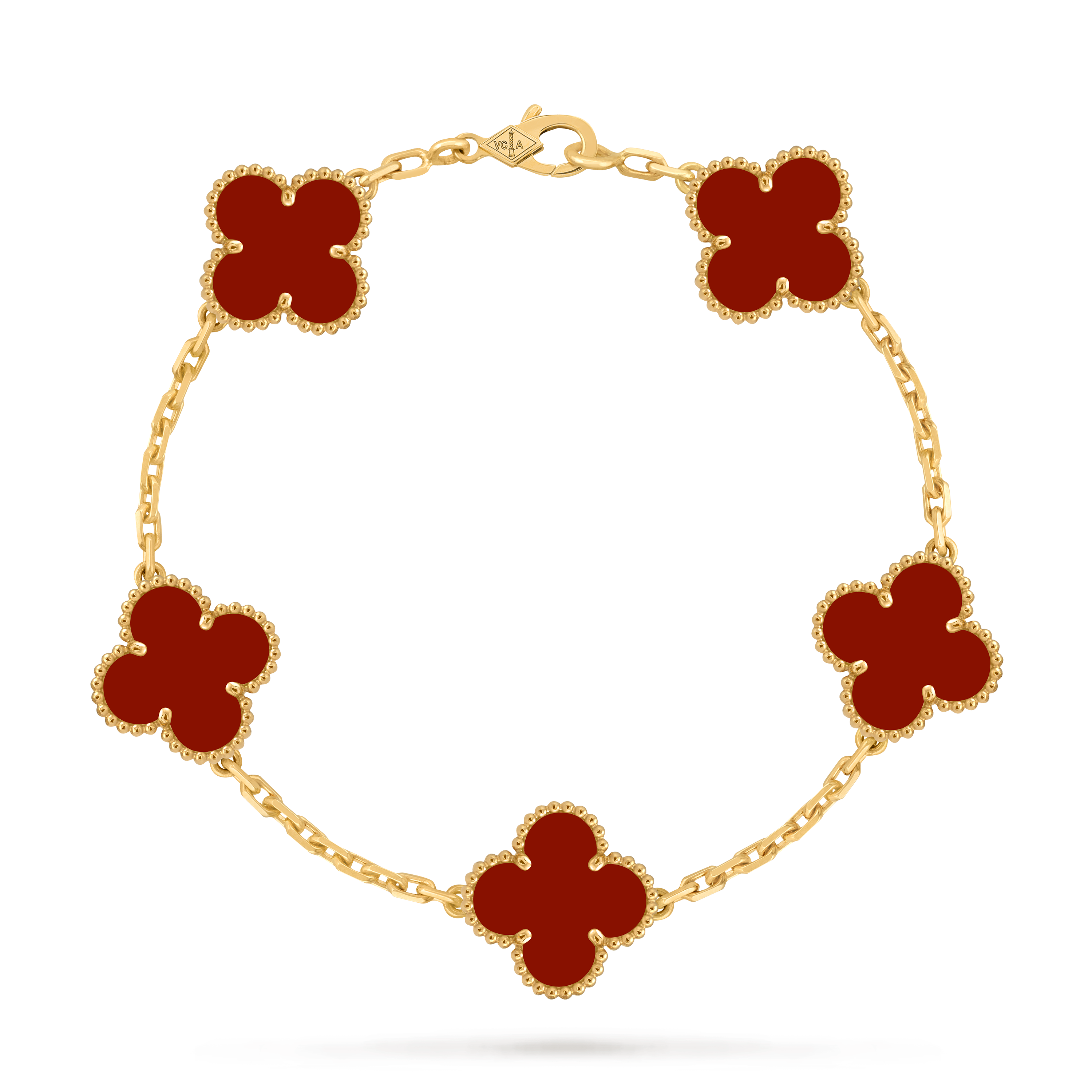 Vintage Alhambra bracelet, 5 motifs, 18K yellow gold, Carnelian:  5 stones, Front, Jewelry Bracelet - Van Cleef & Arpels