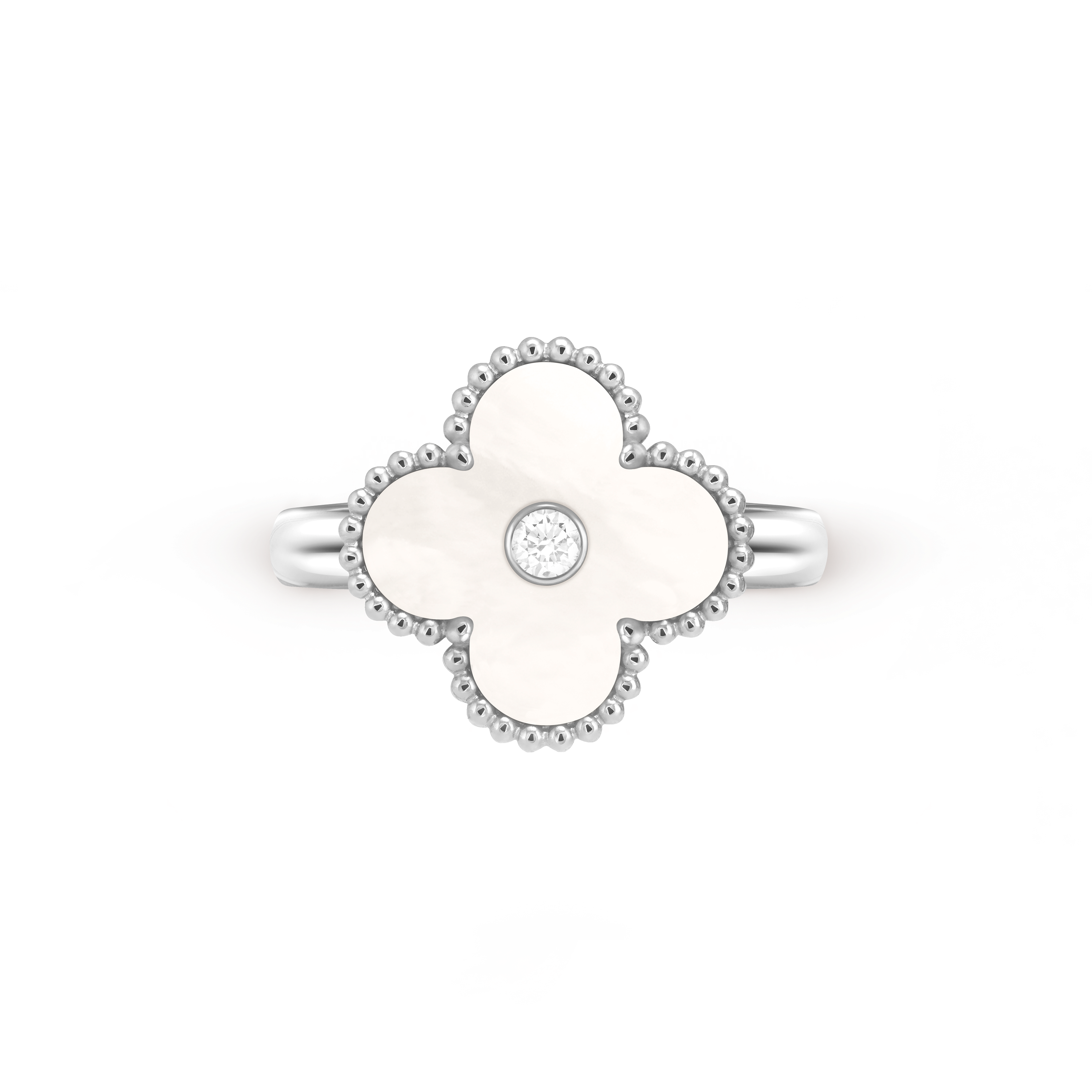 Vintage Alhambra ring, 18K white gold, Diamond:  1 stone,  0.05 carat, Mother-of-pearl:  1 stone, Top, Jewelry Ring - Van Cleef & Arpels