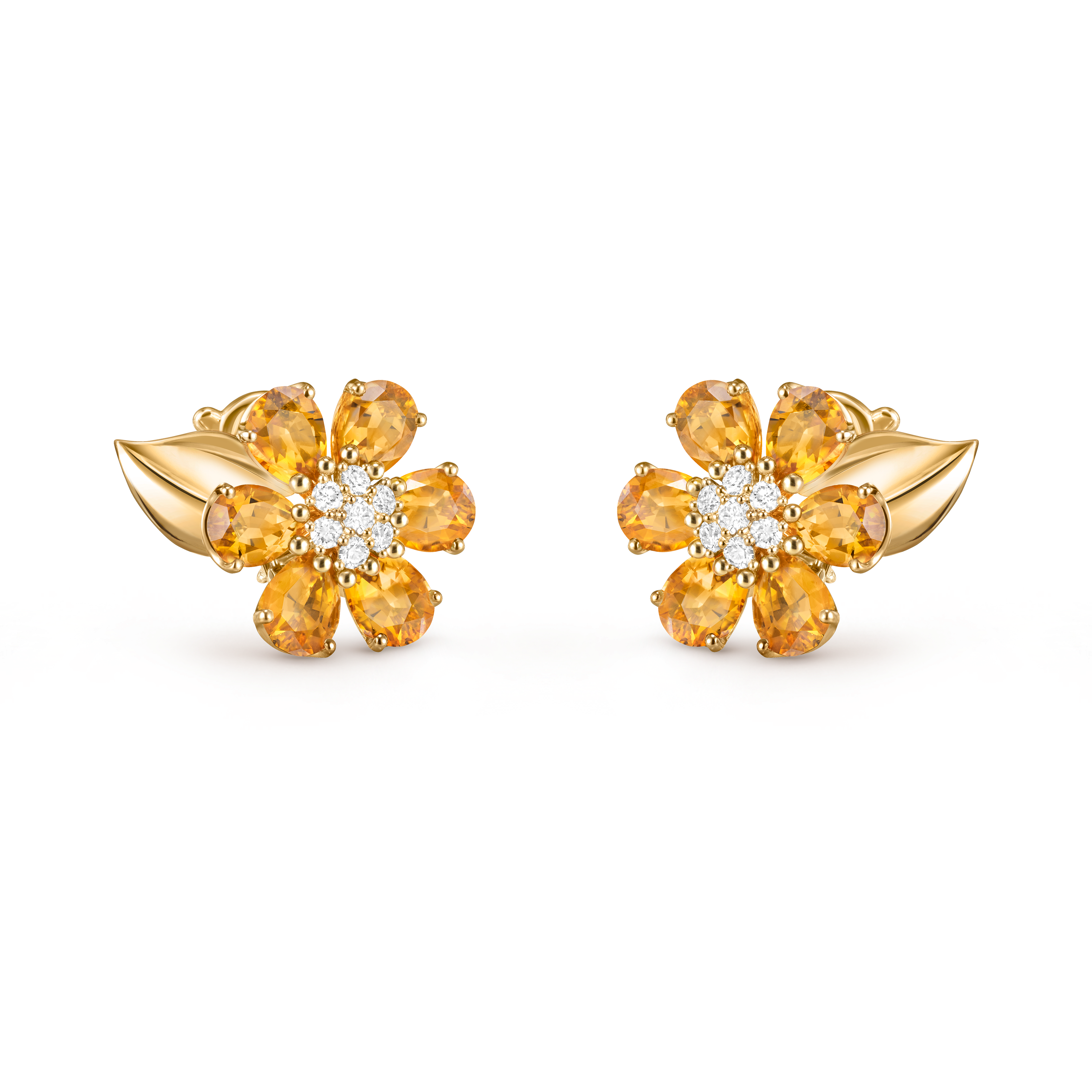 Fleurs d’Hawaï earrings, 18K yellow gold, Citrine:  12 stones,  7.68 carats, Diamond:  14 stones,  0.39 carat, Three Fourth, Jewelry Earrings - Van Cleef & Arpels