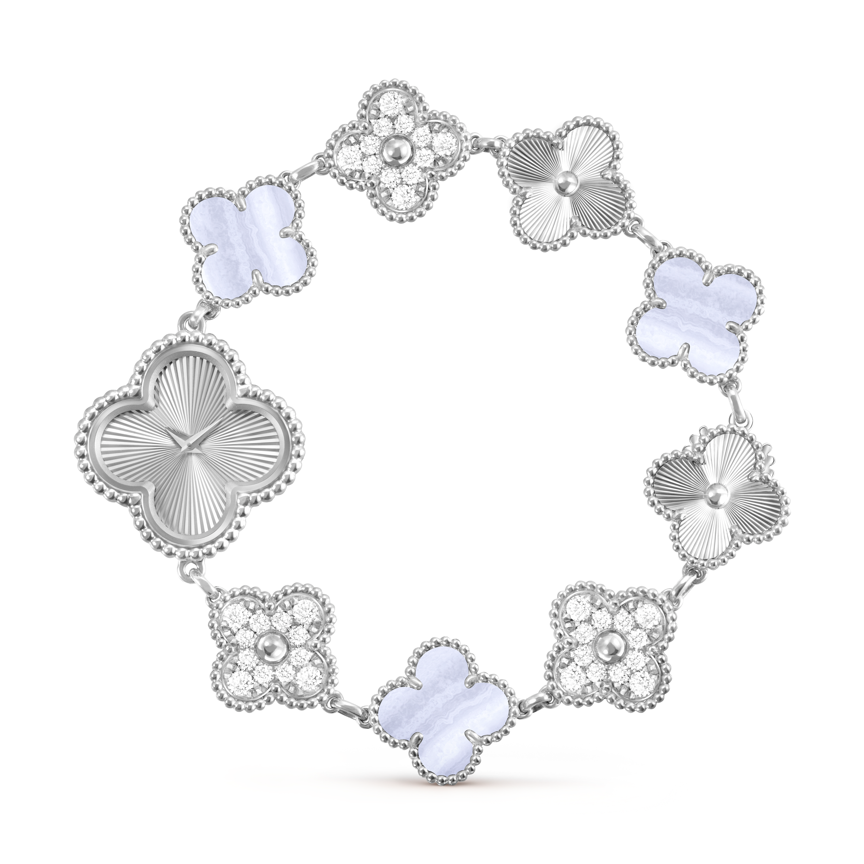 Sweet Alhambra腕表, 18K白金, 玉髓:  3颗, 钻石:  36颗,  1.42 克拉, Front Alternative, Watch_梵克雅宝_Van Cleef & Arpels