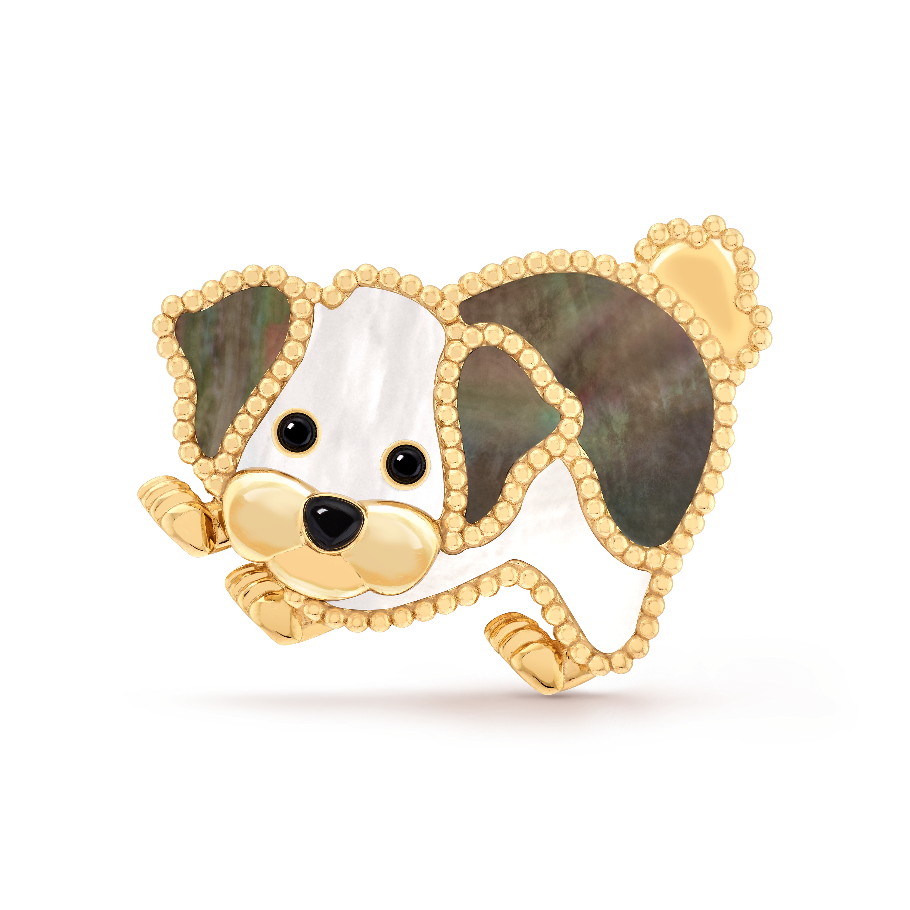 Lucky Animals Bichon Frise Clip, 18K yellow gold, Mother-of-pearl:  5 stones, Onyx:  3 stones, Front, Jewelry Clip - Van Cleef & Arpels