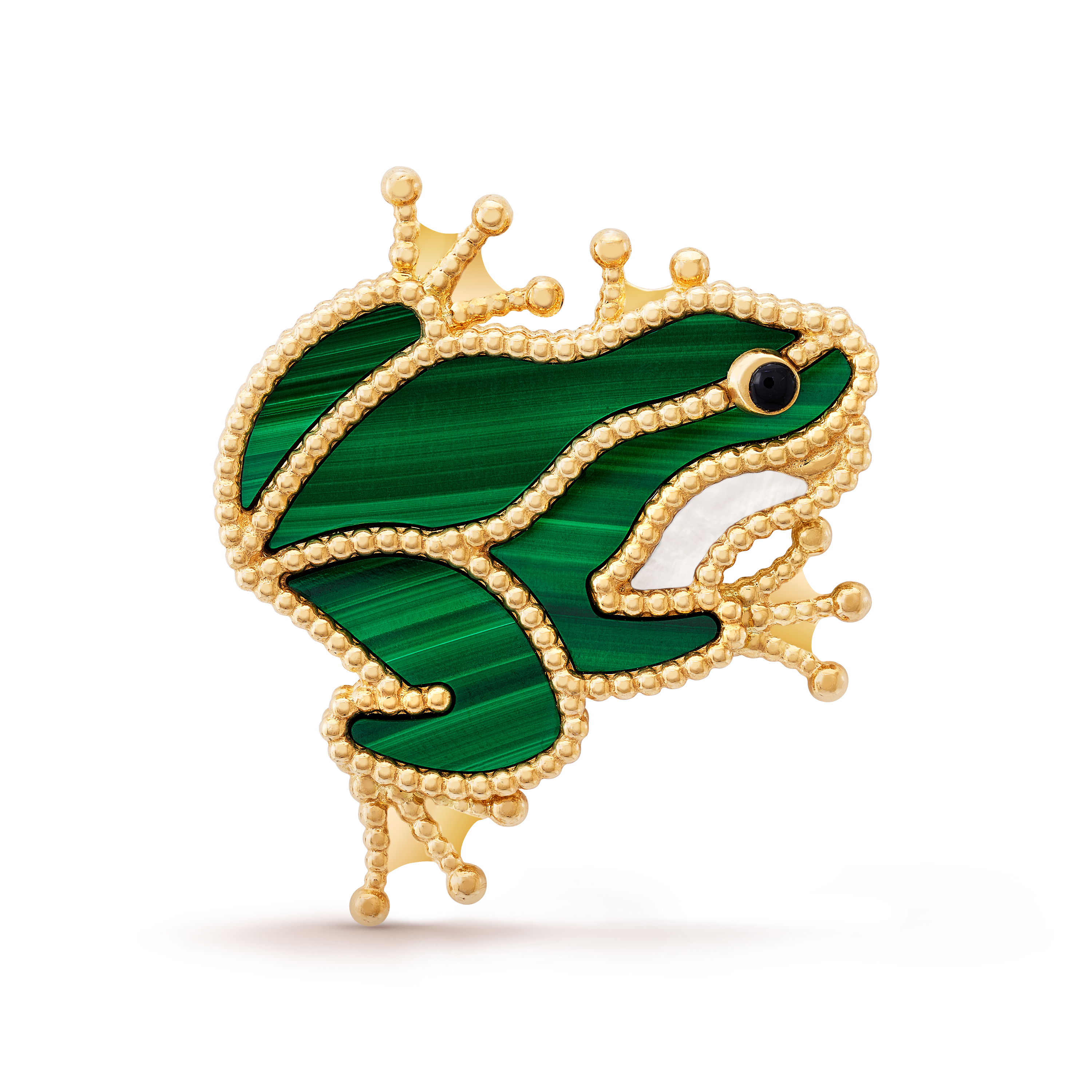 Lucky Animals Frog Clip, 18K yellow gold, Malachite:  4 stones, Mother-of-pearl:  1 stone, Onyx:  1 stone, Front, Jewelry Clip - Van Cleef & Arpels