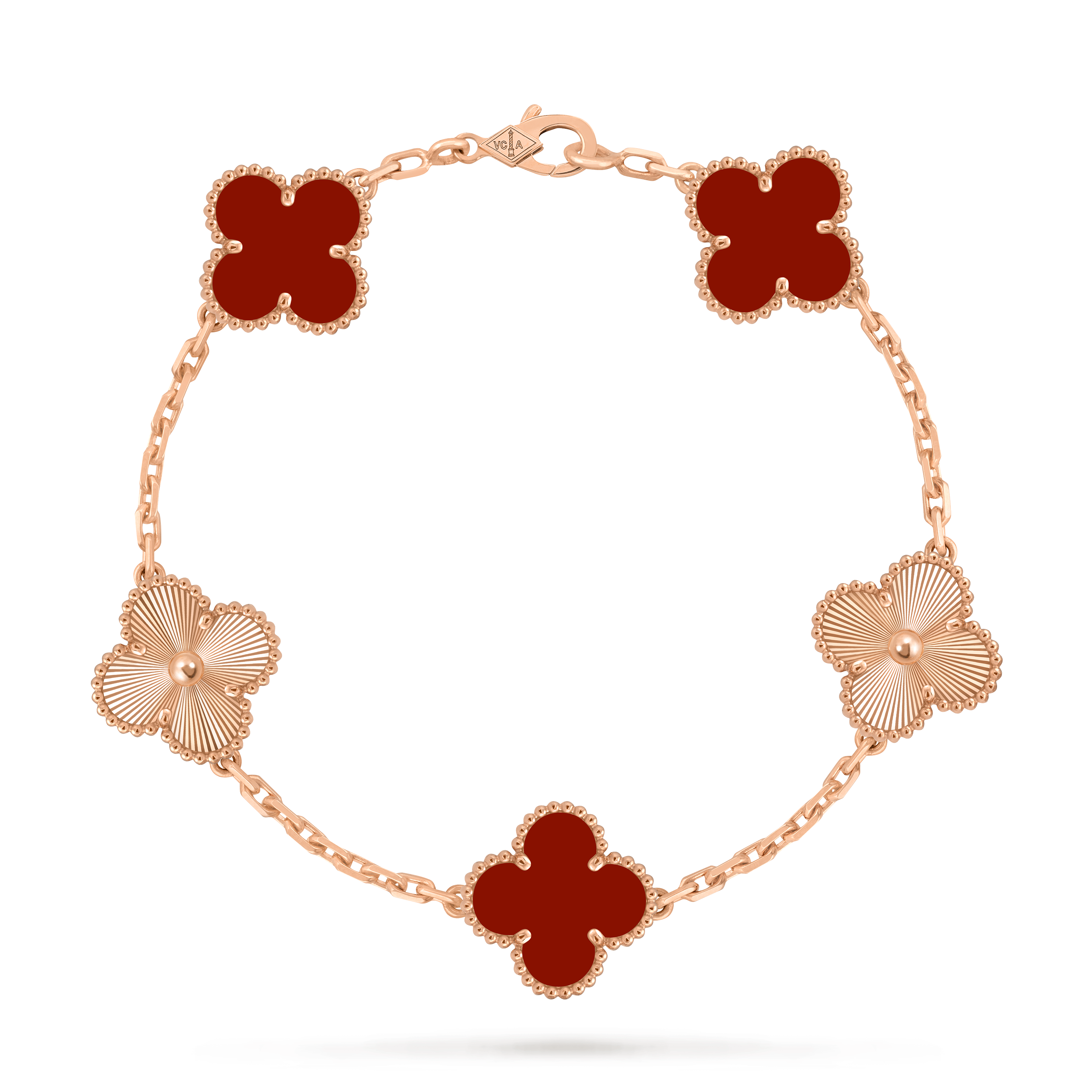 Vintage Alhambra bracelet, 5 motifs, 18K rose gold, Carnelian:  3 stones, Front, Jewelry Bracelet - Van Cleef & Arpels