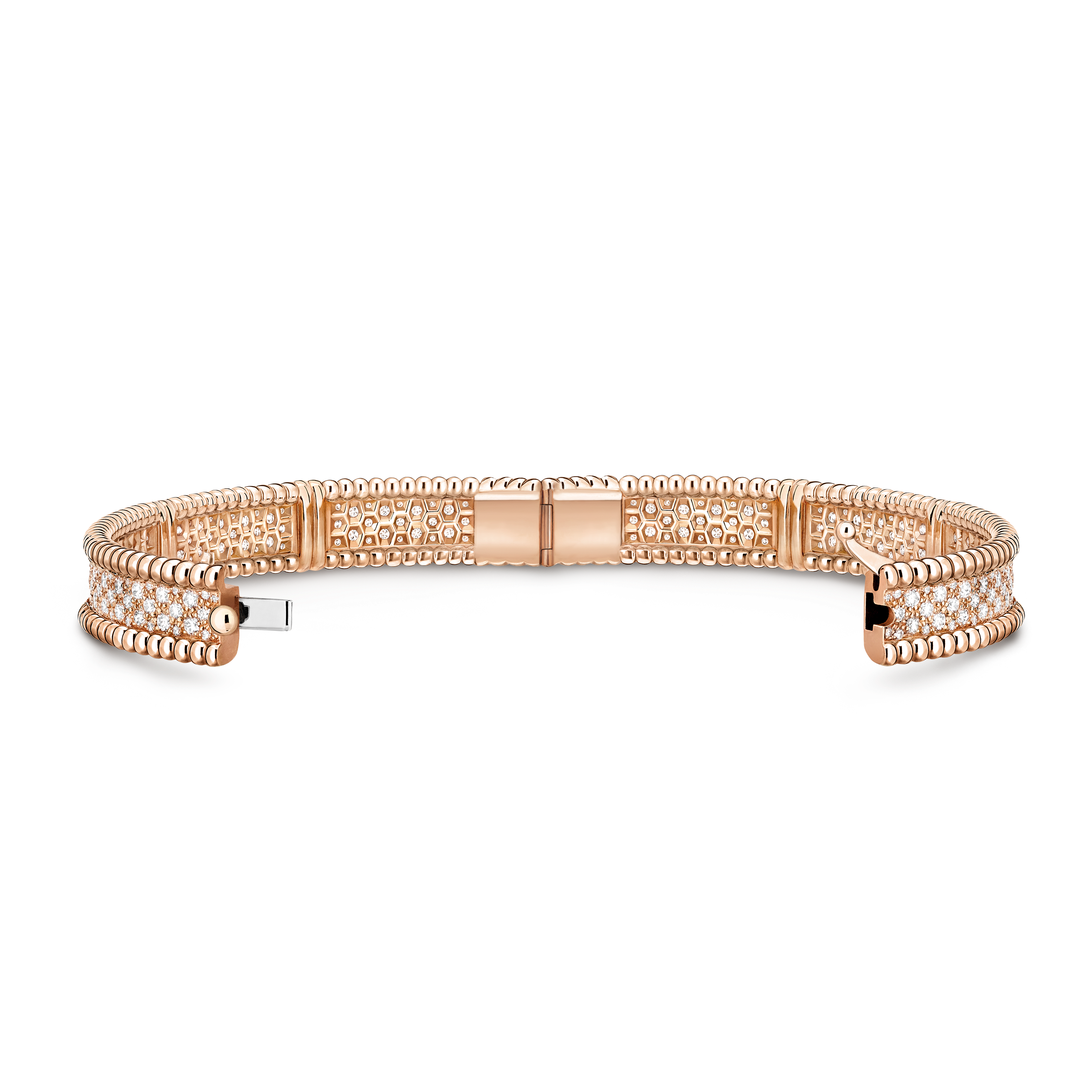 Perlée diamonds bracelet, 3 rows, medium model, 18K rose gold, Diamond:  284 stones,  3.37 carats, Open, Jewelry Bracelet - Van Cleef & Arpels