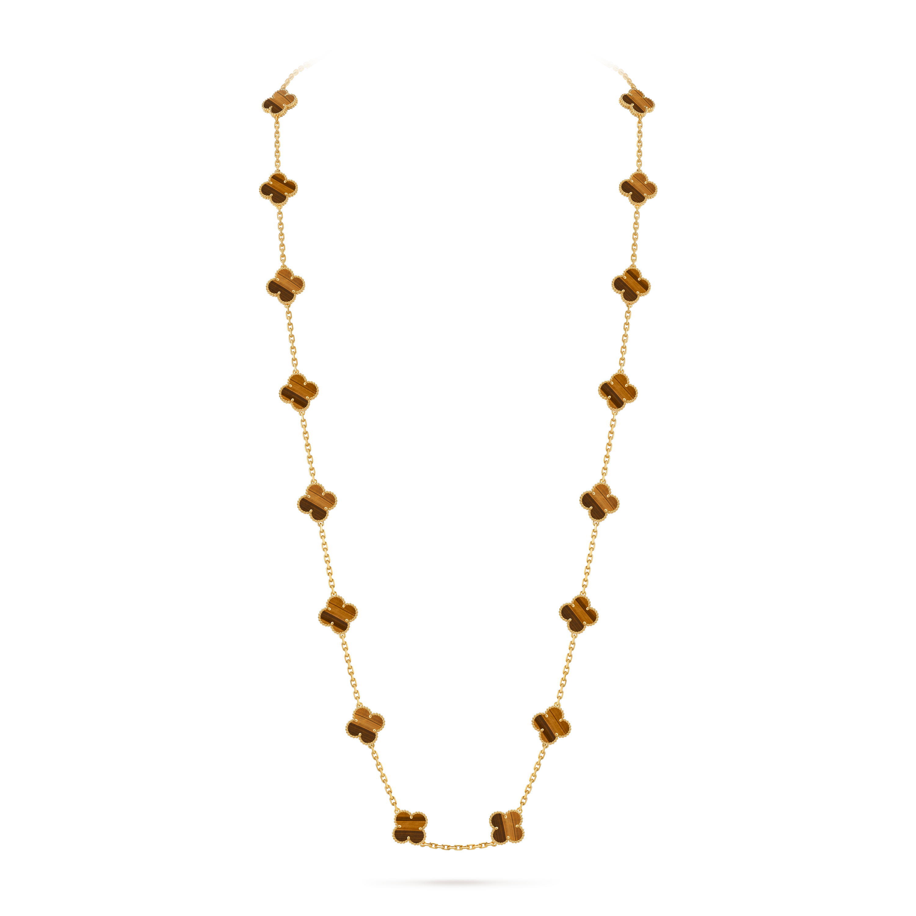 Vintage Alhambra long necklace, 20 motifs, 18K yellow gold, Tiger Eye:  20 stones, On Stand, Jewelry Long Necklace - Van Cleef & Arpels