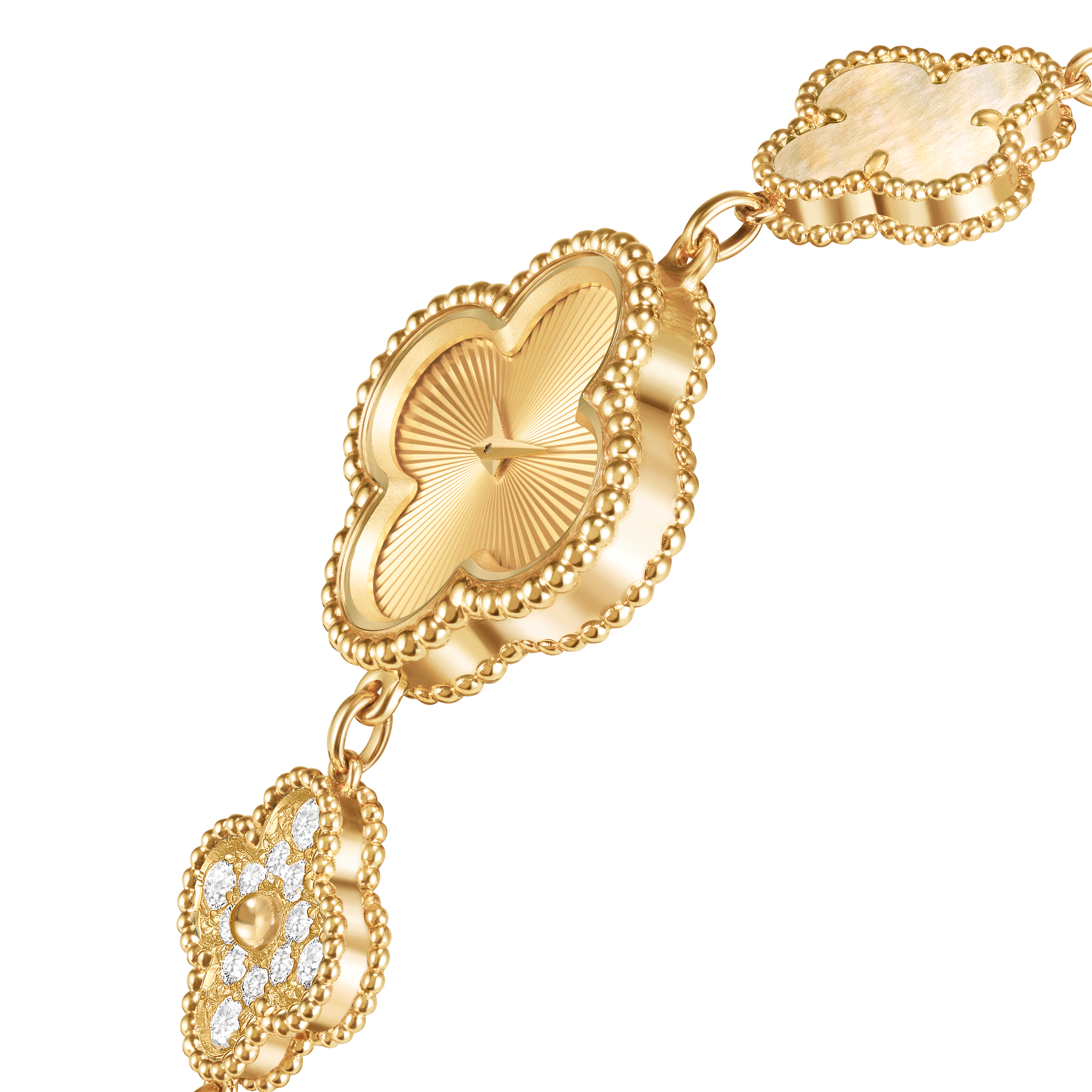 Sweet Alhambra腕表, 18K黄金, 珍珠母贝:  3颗, 钻石:  24颗,  0.95 克拉, Detail, Watch_梵克雅宝_Van Cleef & Arpels