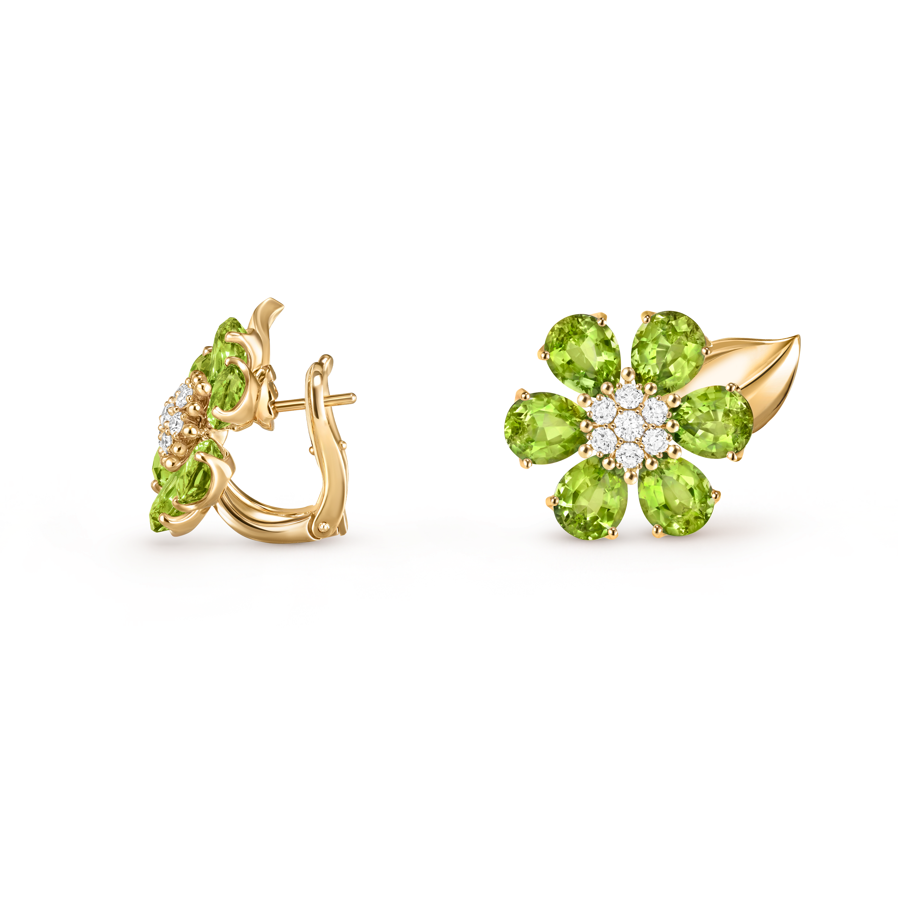 Fleurs d’Hawaï earrings, 18K yellow gold, Diamond:  14 stones,  0.39 carat, Peridot:  12 stones,  9.24 carats, Profile, Jewelry Earrings - Van Cleef & Arpels