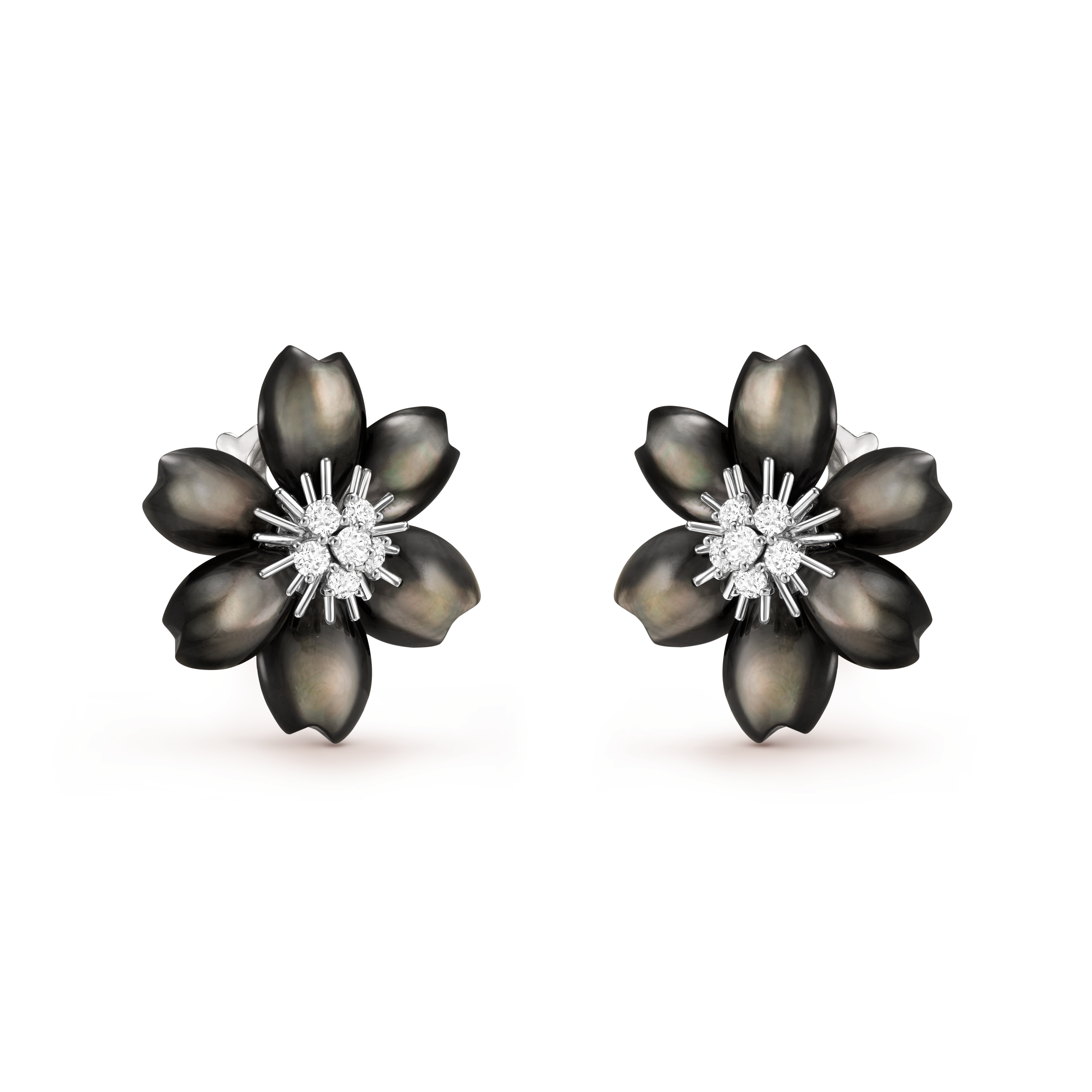 Rose de Noël earrings, small model, 18K white gold, Diamond:  12 stones,  0.97 carat, Mother-of-pearl:  12 stones, Three Fourth, Jewelry Earrings - Van Cleef & Arpels