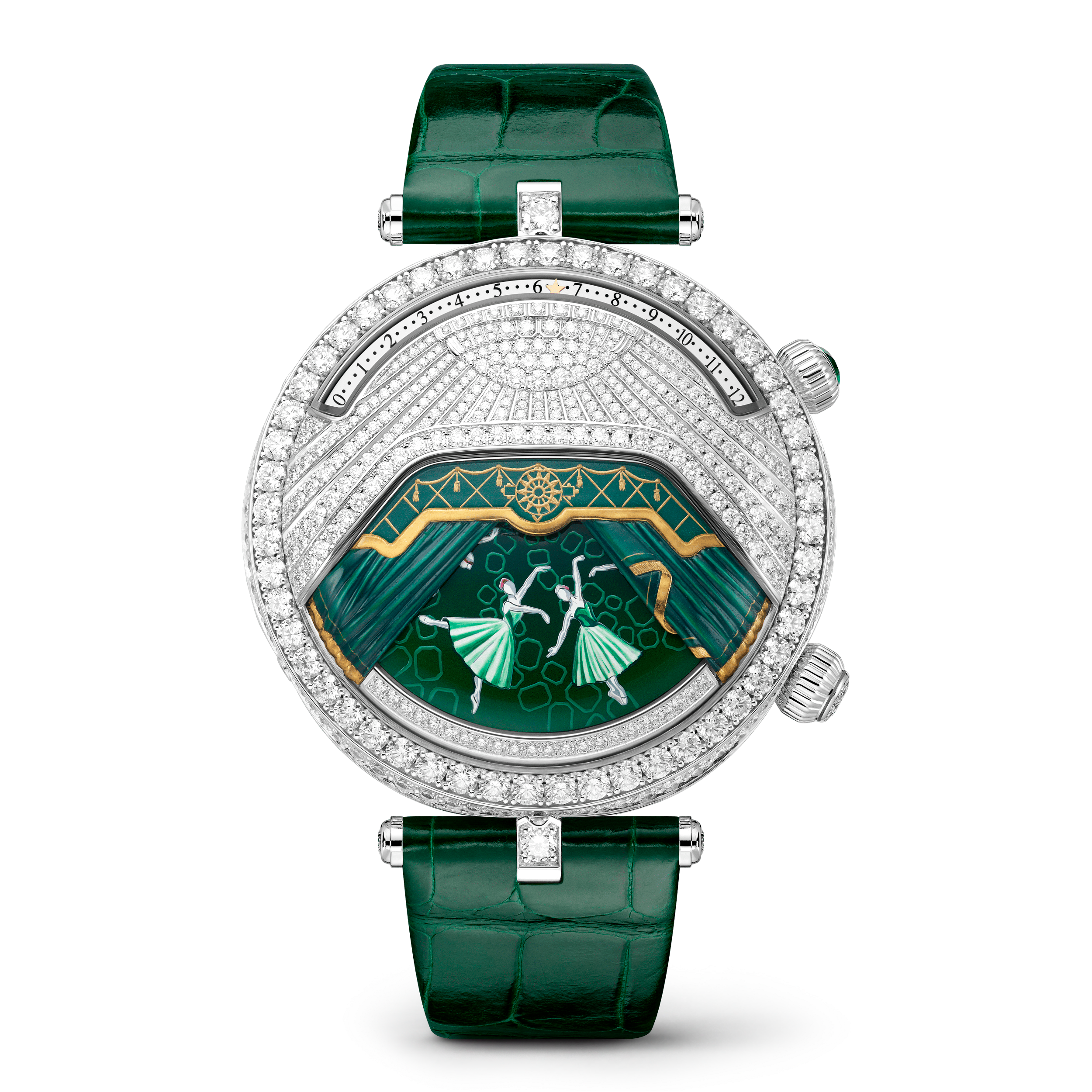 Lady Arpels Ballerine Musicale Emeraude watch, 18K white gold, Diamond:  733 stones,  7.52 carats, Emerald:  1 stone,  0.16 carat, Front, Watch - Van Cleef & Arpels