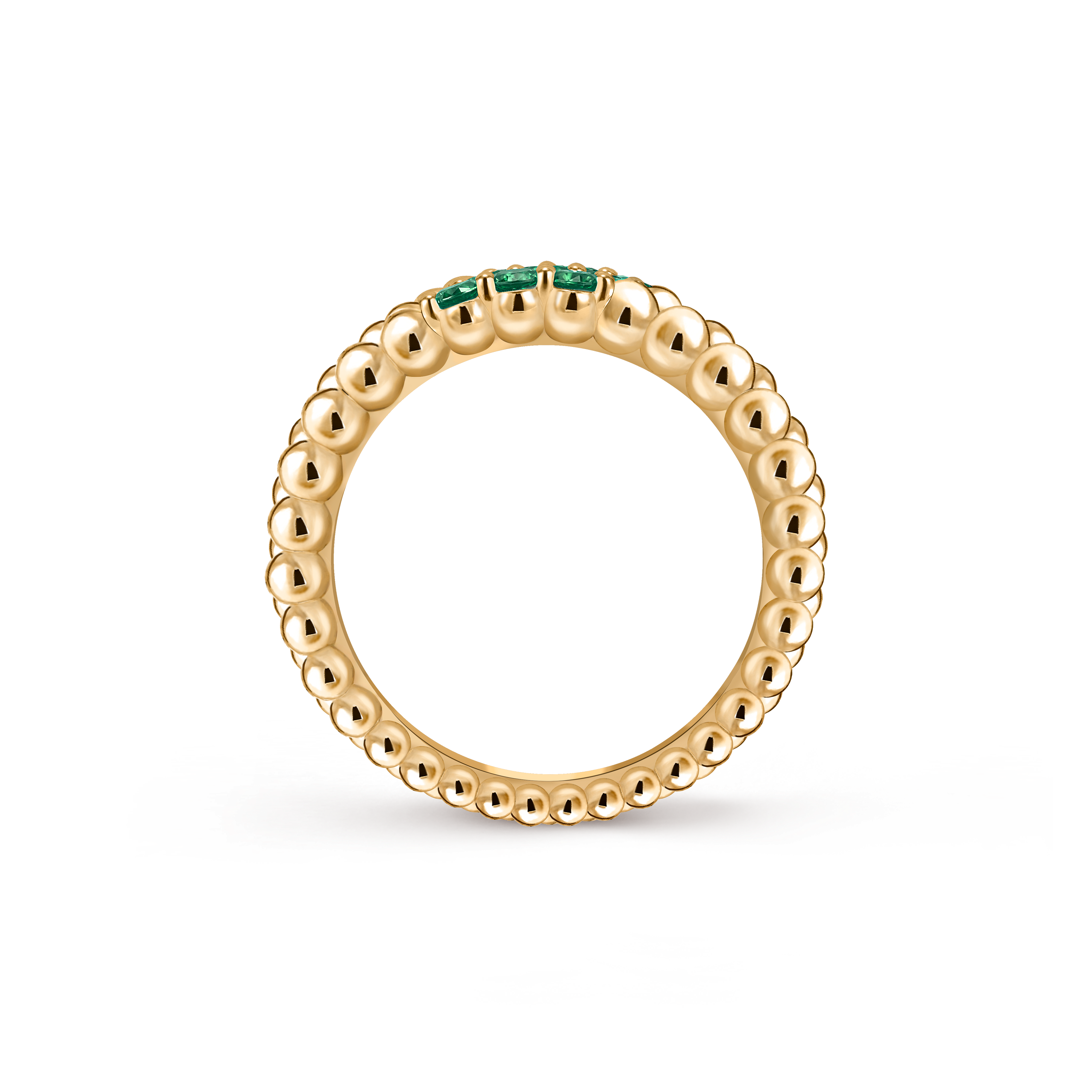 Perlée couleurs ring, 3 rows, 18K yellow gold, Emerald:  9 stones,  0.45 carat, Profile, Jewelry Ring - Van Cleef & Arpels