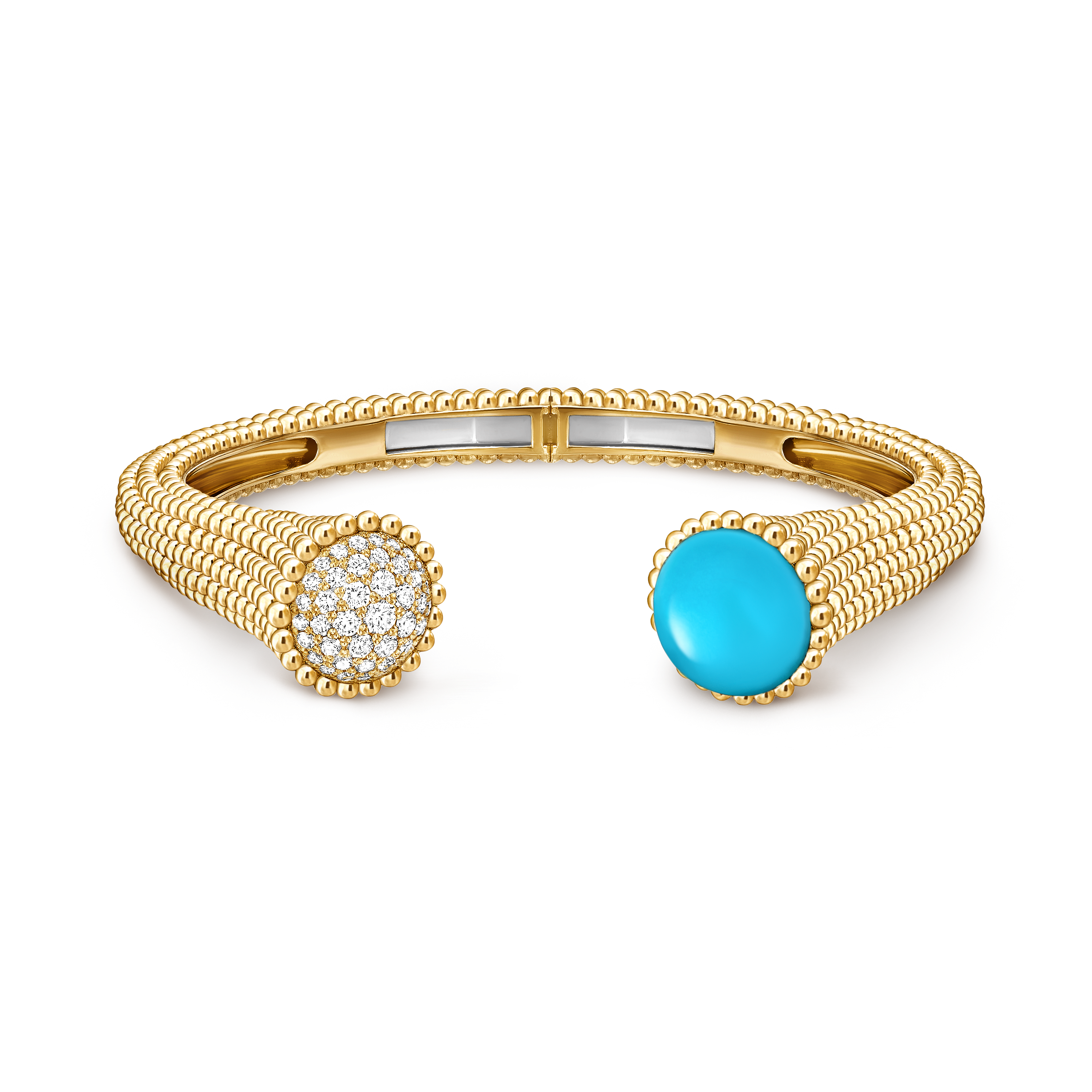 Perlée couleurs bracelet, small model, 18K yellow gold, Diamond:  43 stones,  0.76 carat, Turquoise:  1 stone, Front, Jewelry Bracelet - Van Cleef & Arpels