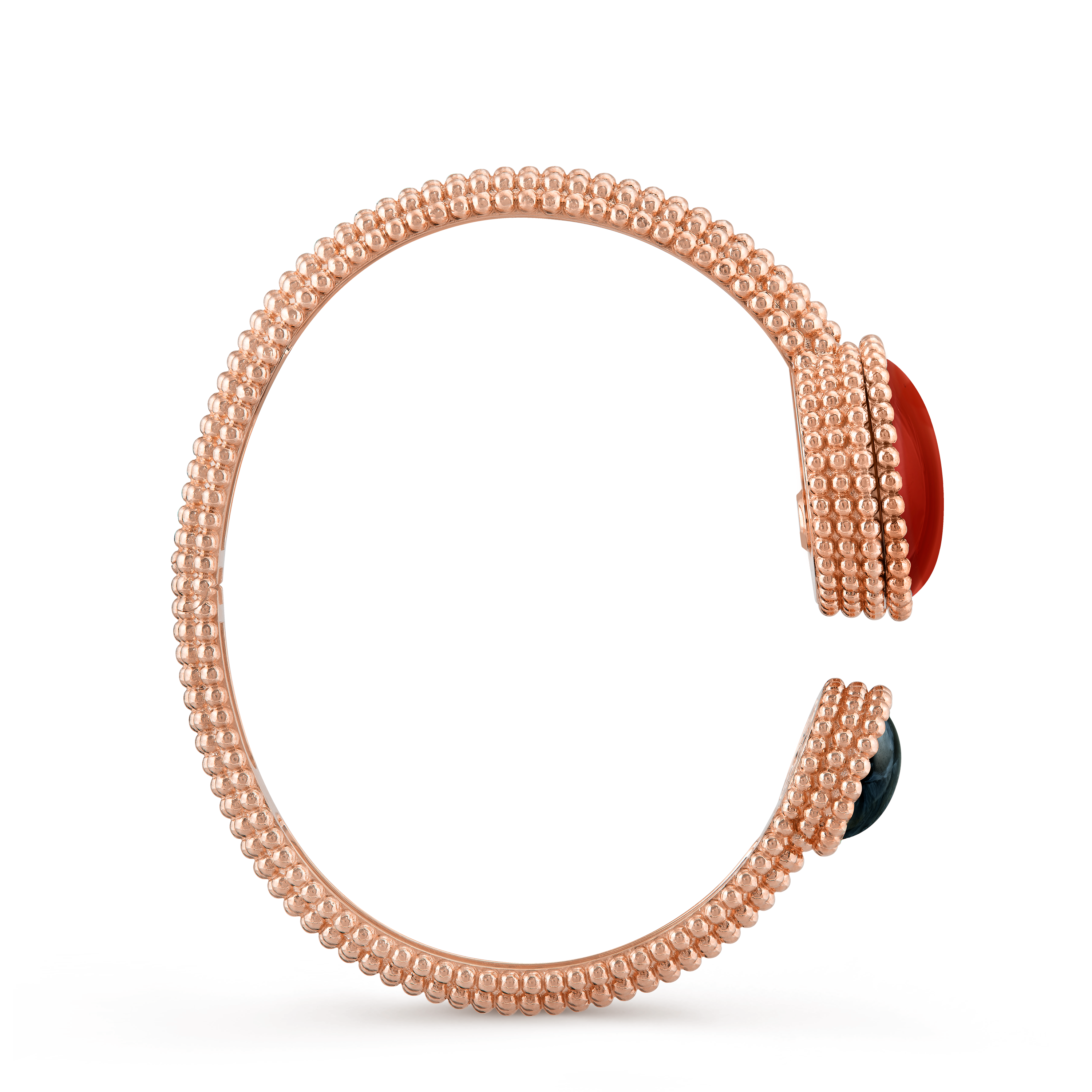 Perlée Toi & Moi secret watch, medium model, 18K rose gold, Carnelian:  1 stone, Diamond:  25 stones,  0.77 carat, Mother-of-pearl:  1 stone, Pietersite:  1 stone, Profile, Watch - Van Cleef & Arpels