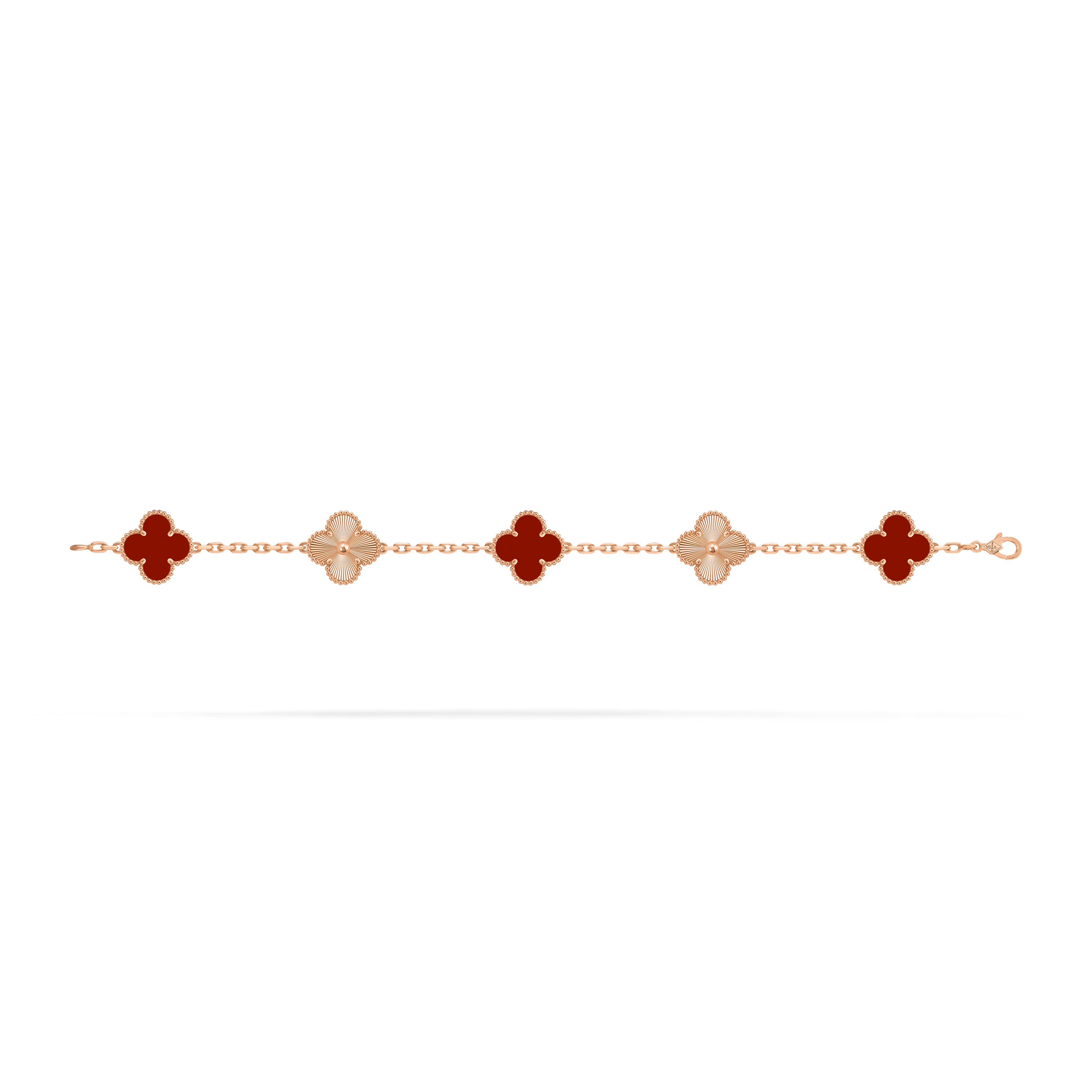 Vintage Alhambra bracelet, 5 motifs, 18K rose gold, Carnelian:  3 stones, Open, Jewelry Bracelet - Van Cleef & Arpels