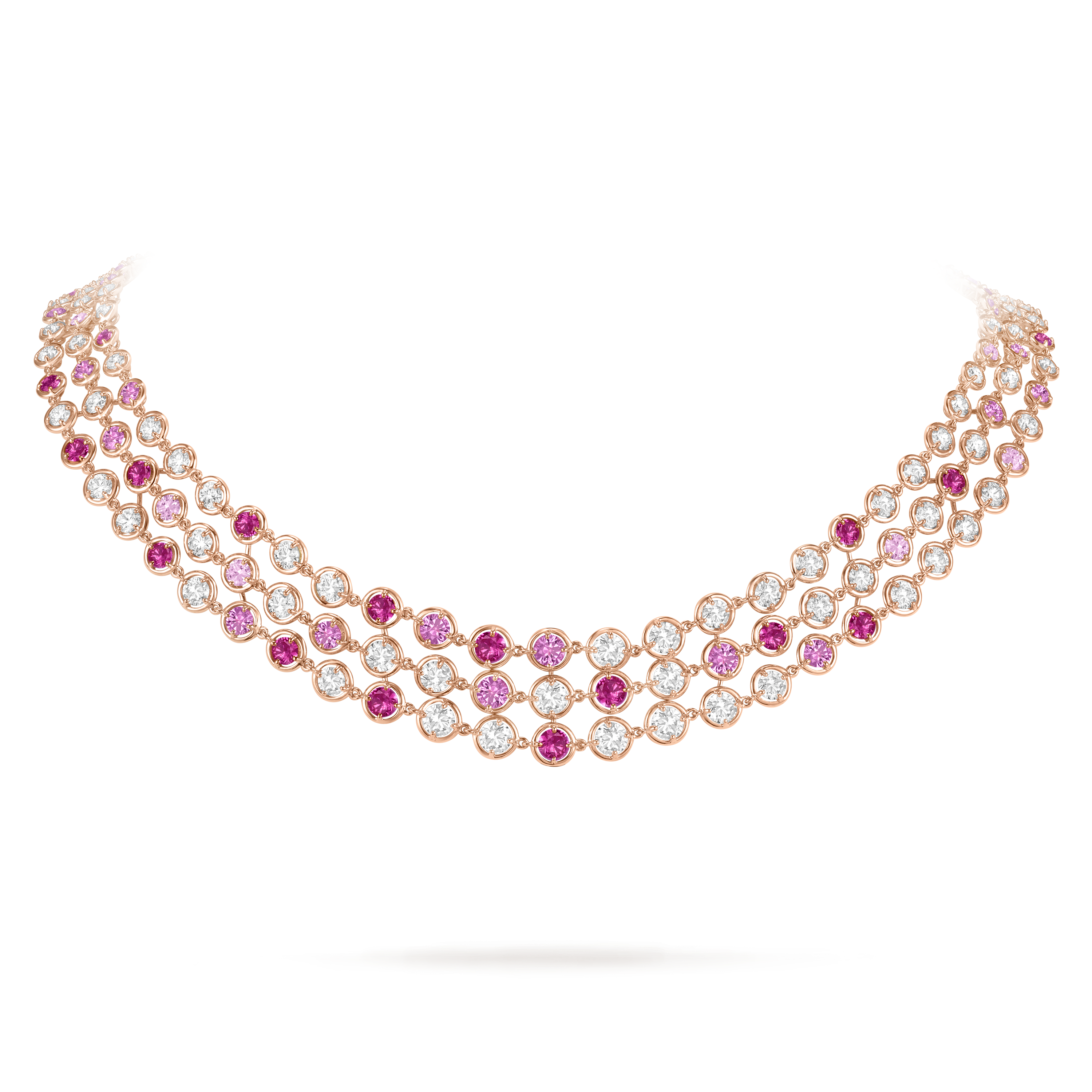 Palmyre 3 rows necklace, 18K rose gold, Diamond:  110 stones,  10.02 carats, Sapphire:  79 stones,  9.33 carats, On Stand, High Jewelry Necklace - Van Cleef & Arpels