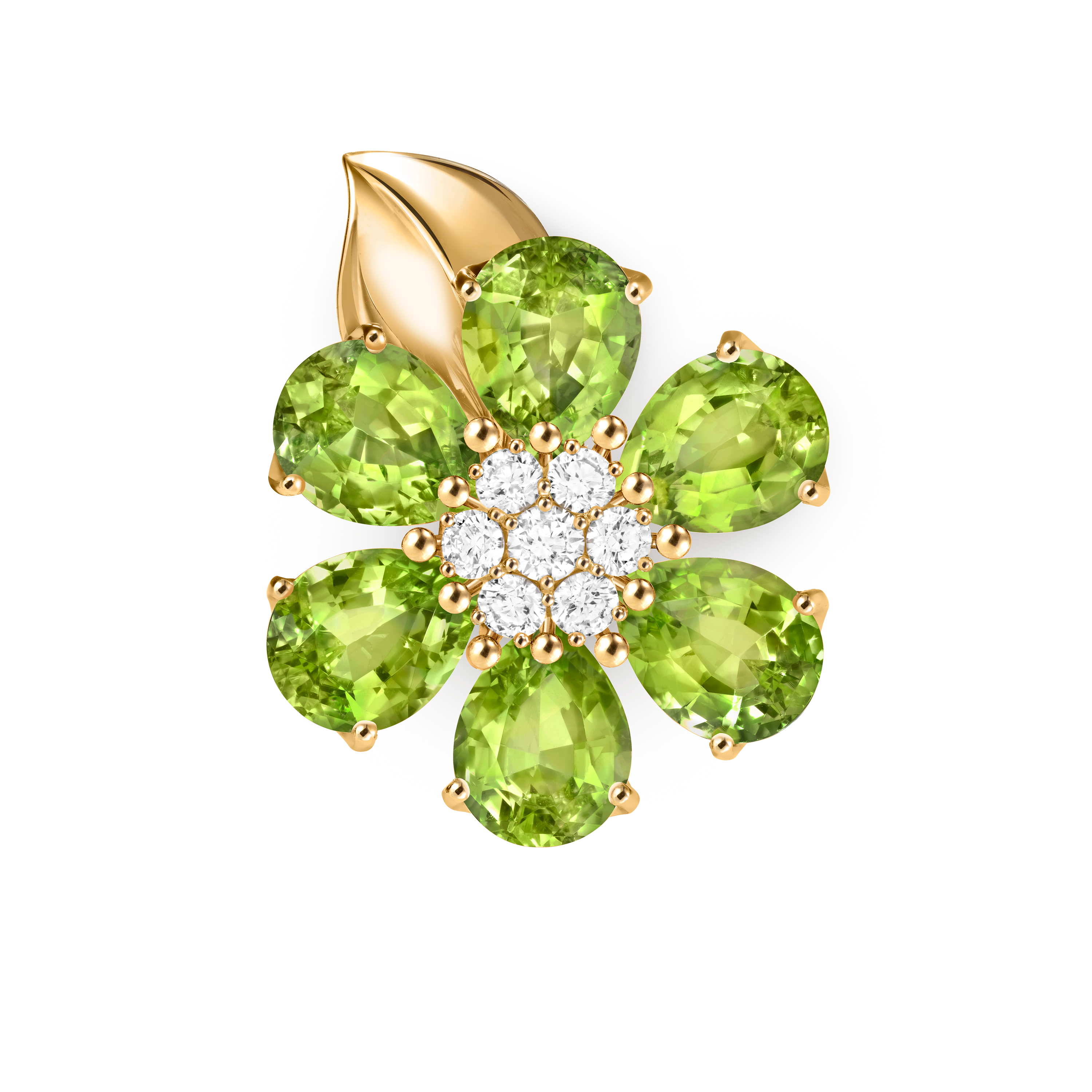Fleurs d’Hawaï ring, 18K yellow gold, Diamond:  7 stones,  0.54 carat, Peridot:  6 stones,  9.3 carats, Profile, Jewelry Ring - Van Cleef & Arpels