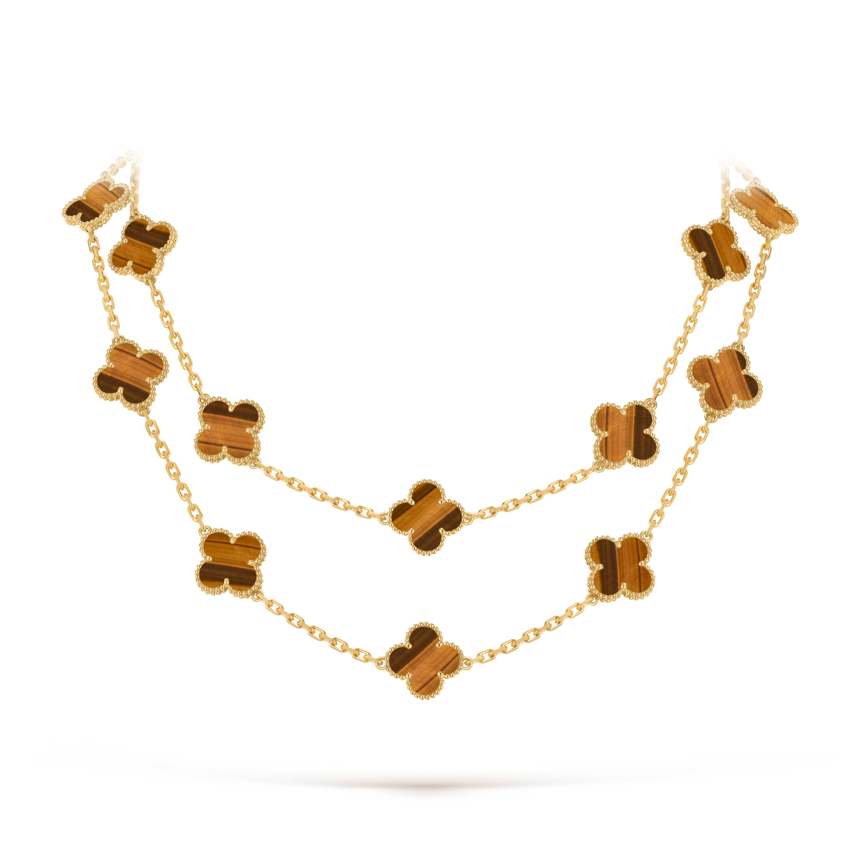 Vintage Alhambra long necklace, 20 motifs, 18K yellow gold, Tiger Eye:  20 stones, Detail, Jewelry Long Necklace - Van Cleef & Arpels