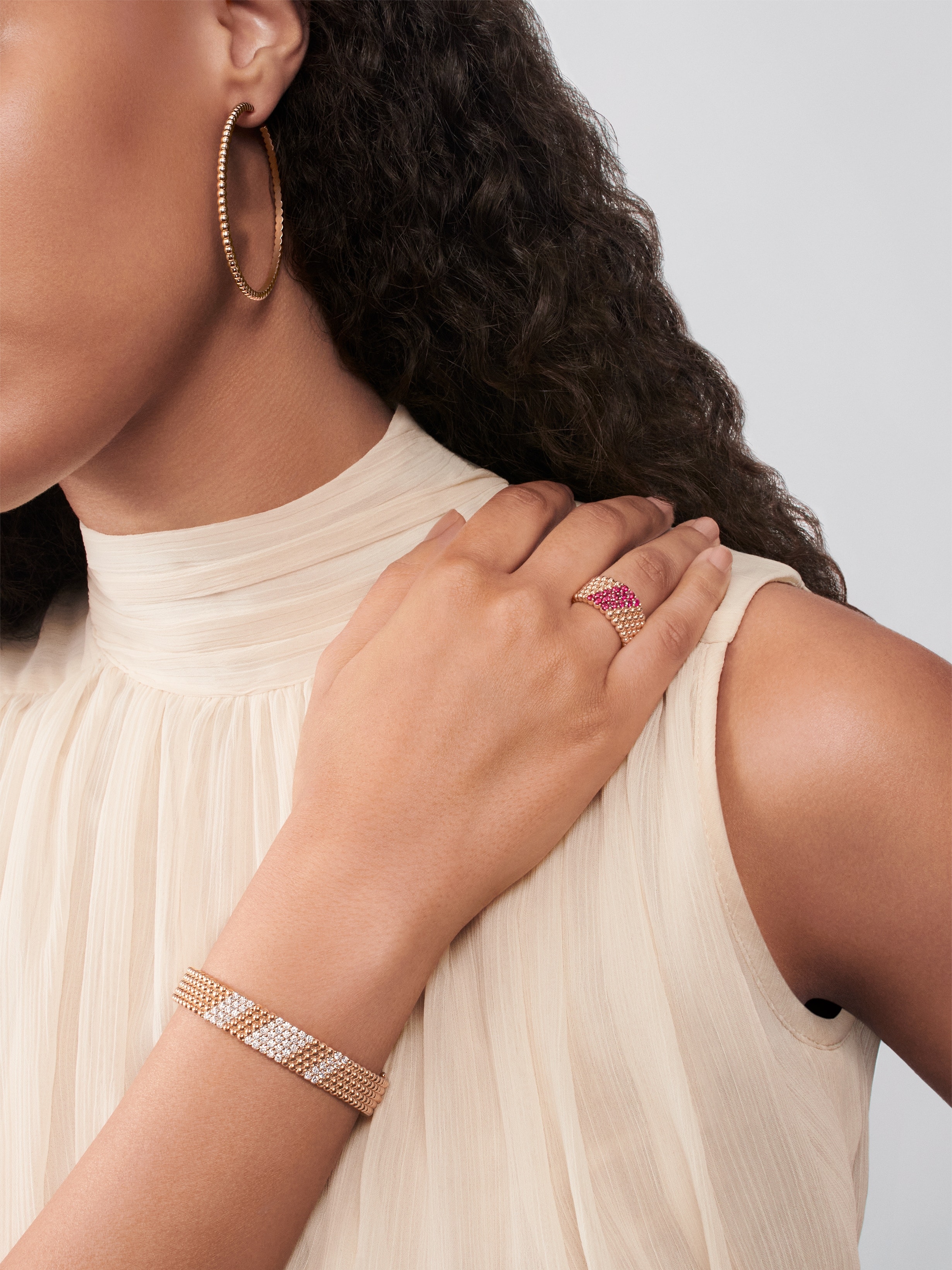Perlée diamonds bracelet, 5 rows, extra large model, 18K rose gold, Diamond:  50 stones,  2.01 carats, Worn Alternative, Jewelry Bracelet - Van Cleef & Arpels