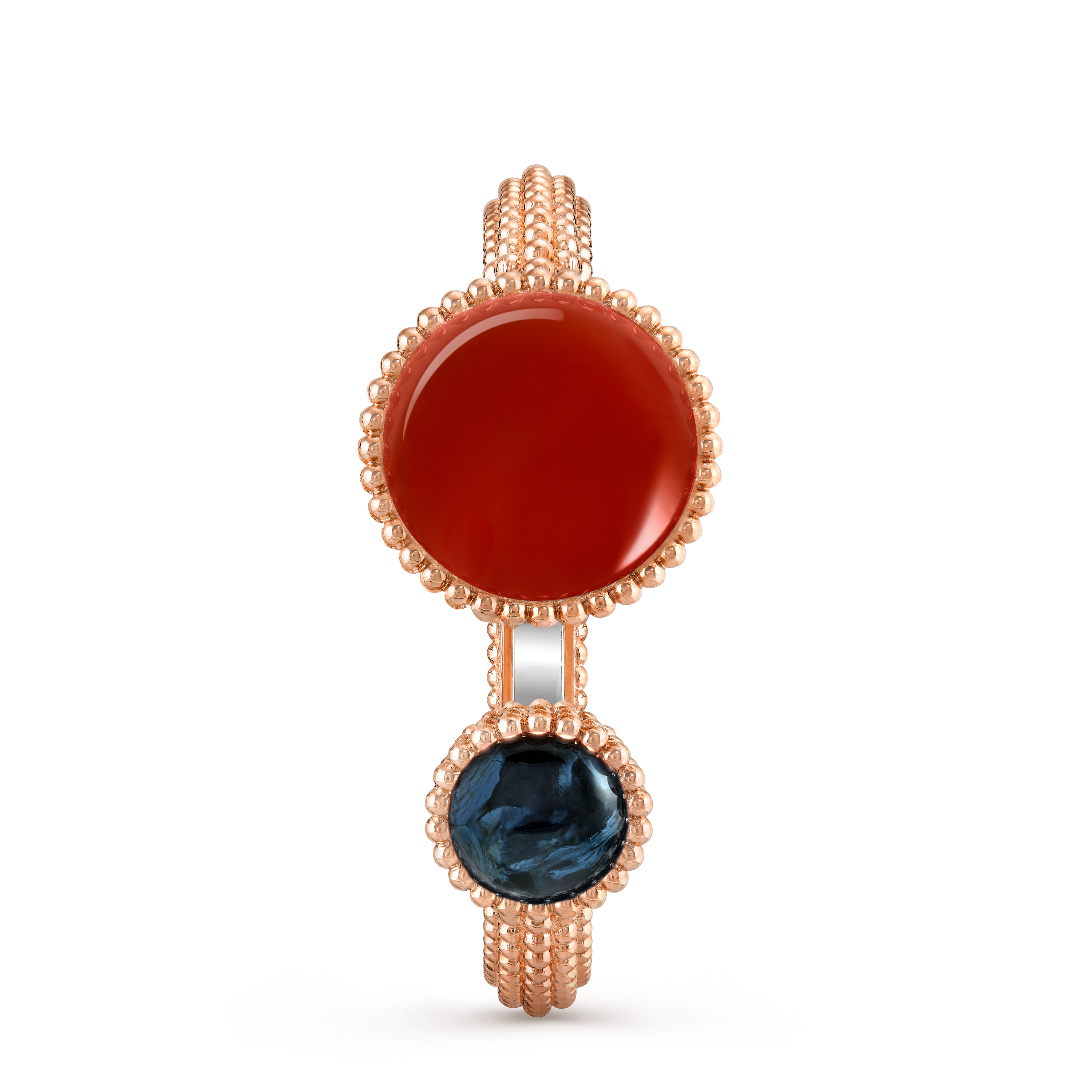 Perlée Toi & Moi secret watch, medium model, 18K rose gold, Carnelian:  1 stone, Diamond:  25 stones,  0.77 carat, Mother-of-pearl:  1 stone, Pietersite:  1 stone, Front Alternative, Watch - Van Cleef & Arpels