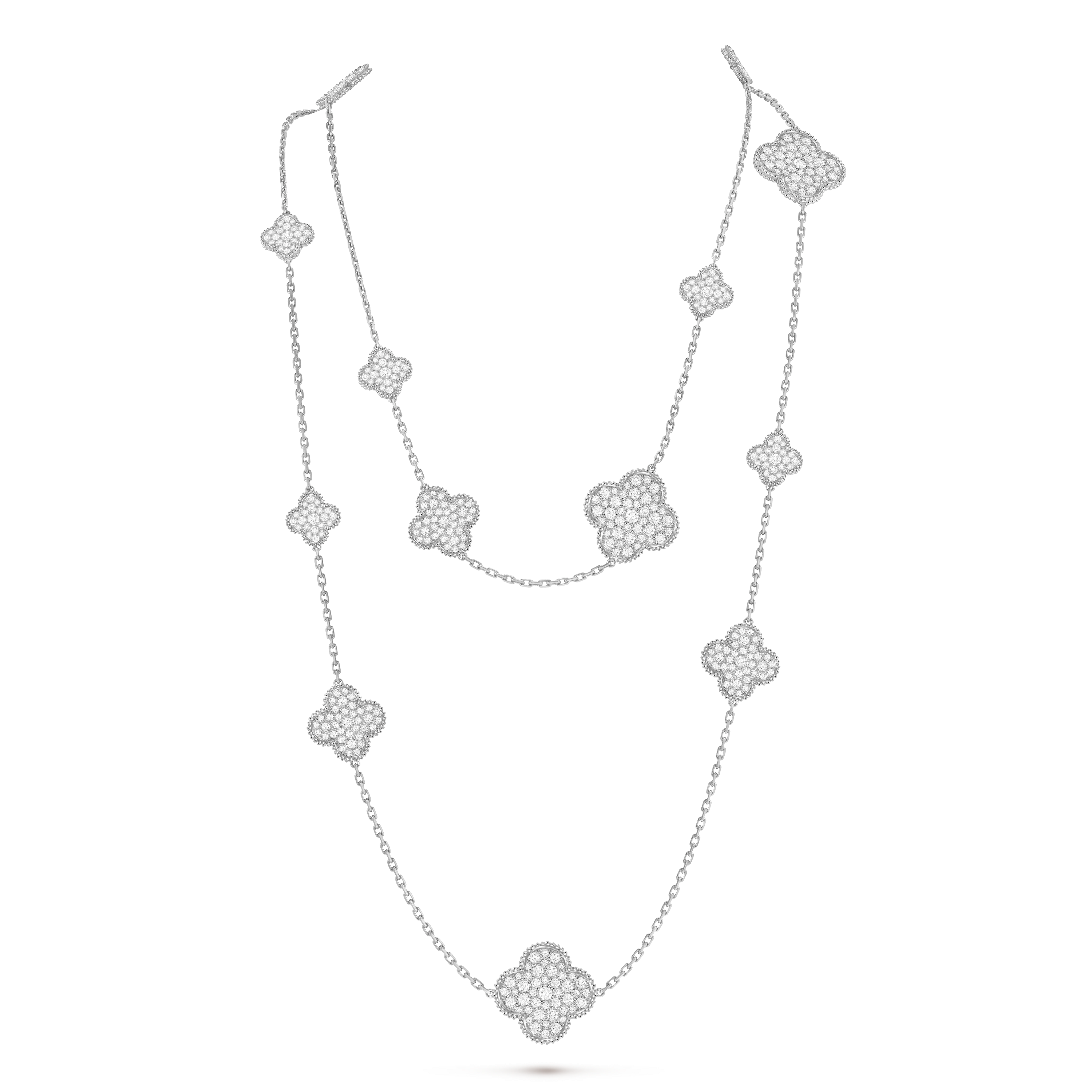 Magic Alhambra长项链，16枚四叶幸运图案, 18K白金, 钻石:  488颗,  16.92 克拉, Detail, Jewelry Long Necklace_梵克雅宝_Van Cleef & Arpels