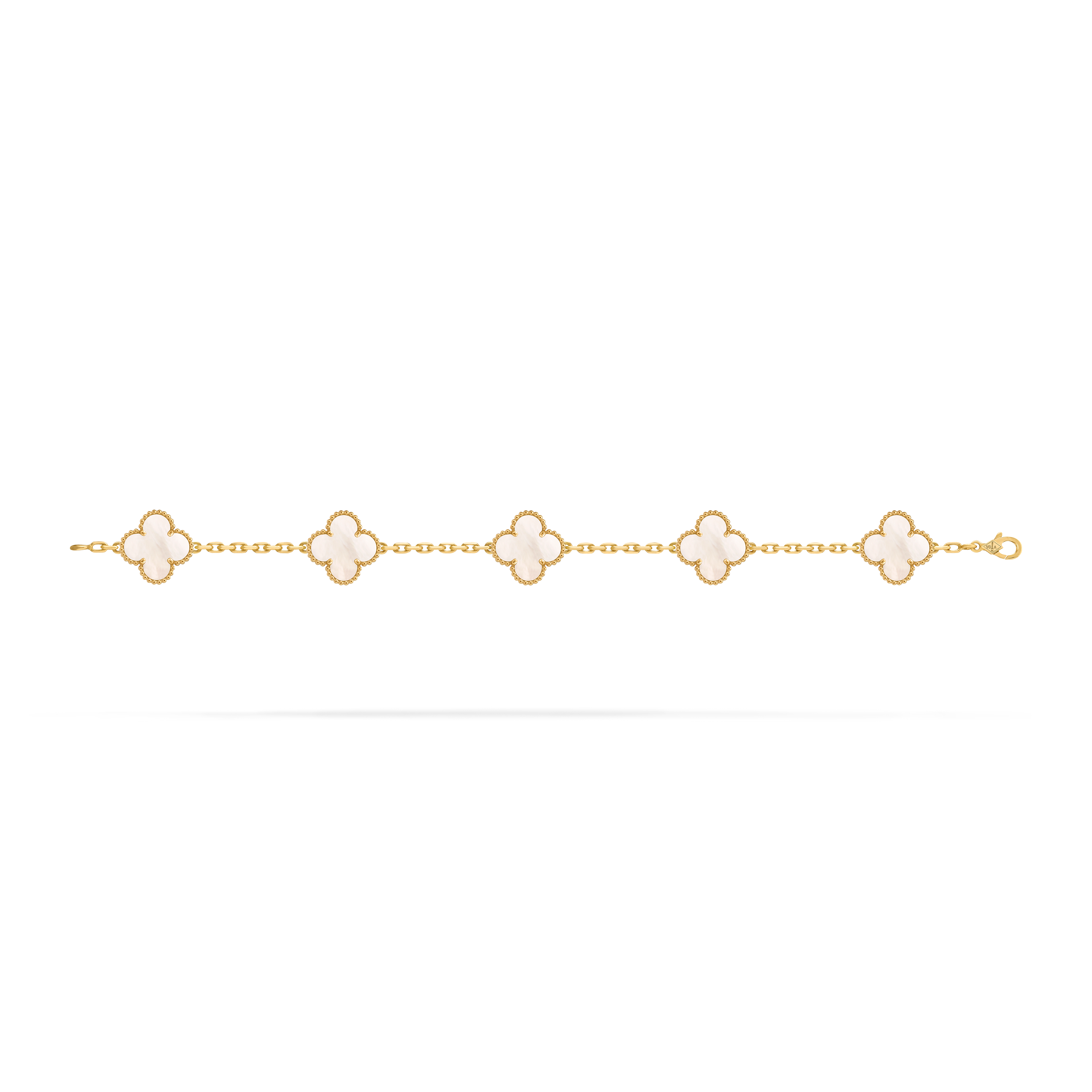 Vintage Alhambra bracelet, 5 motifs, 18K yellow gold, Mother-of-pearl:  5 stones, Open, Jewelry Bracelet - Van Cleef & Arpels