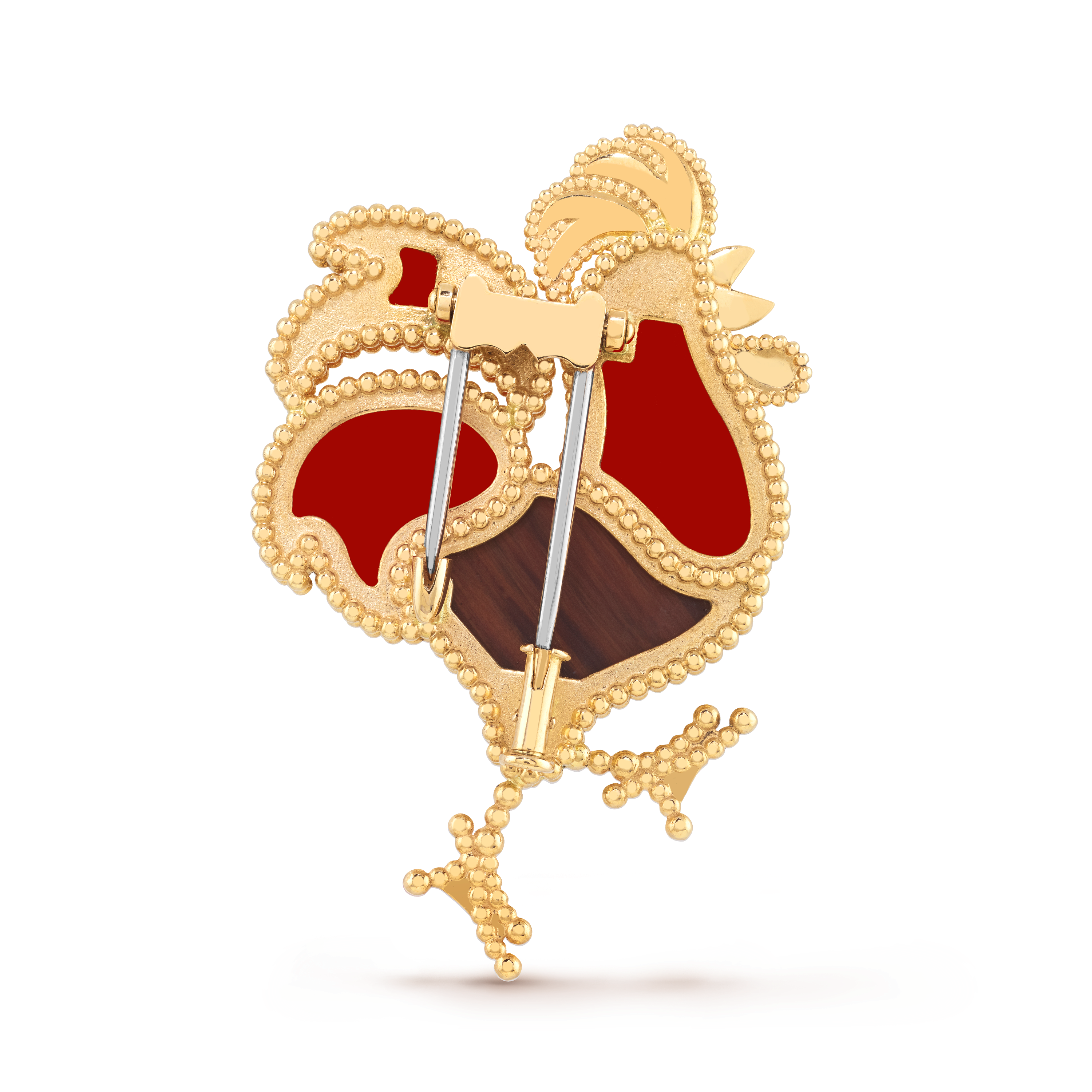 Lucky Animals Rooster胸针, 18K黄金, 红玉髓:  3颗, 缟玛瑙:  1 宝石, 黑曜石:  1 宝石, Back, Jewelry Clip_梵克雅宝_Van Cleef & Arpels