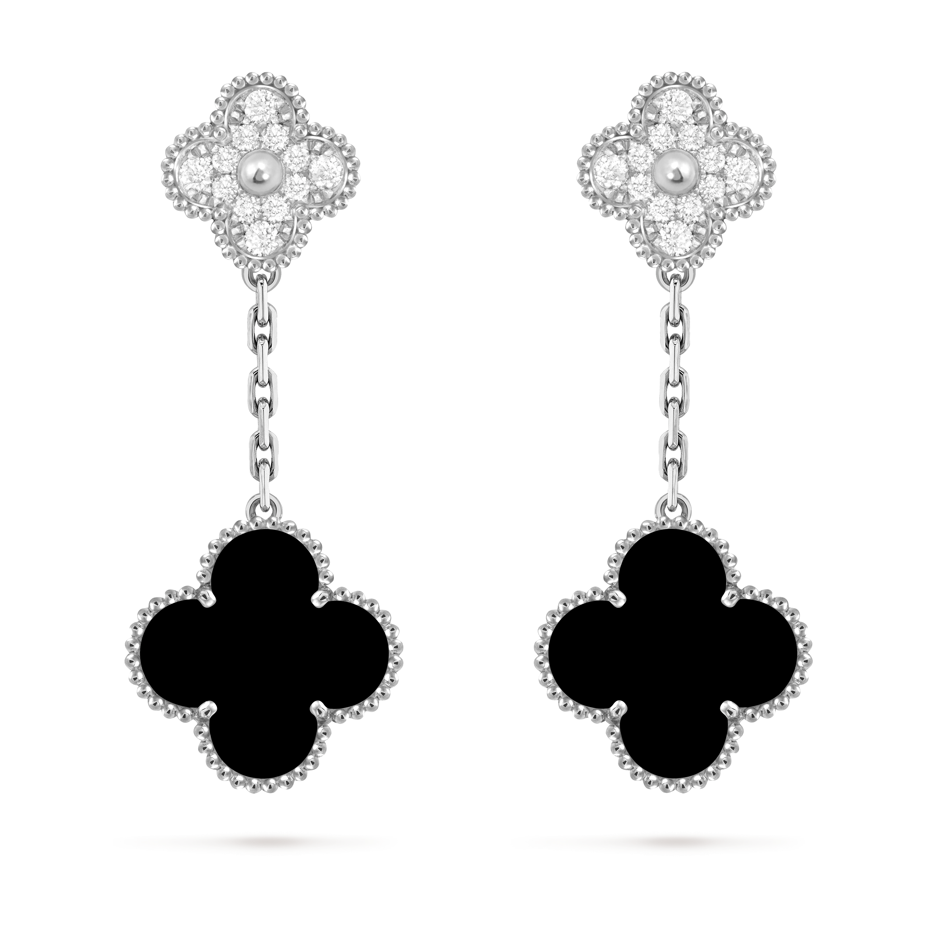 Magic Alhambra earrings, 2 motifs, 18K white gold, Diamond:  24 stones,  0.96 carat, Onyx:  2 stones, Front, Jewelry Earrings - Van Cleef & Arpels