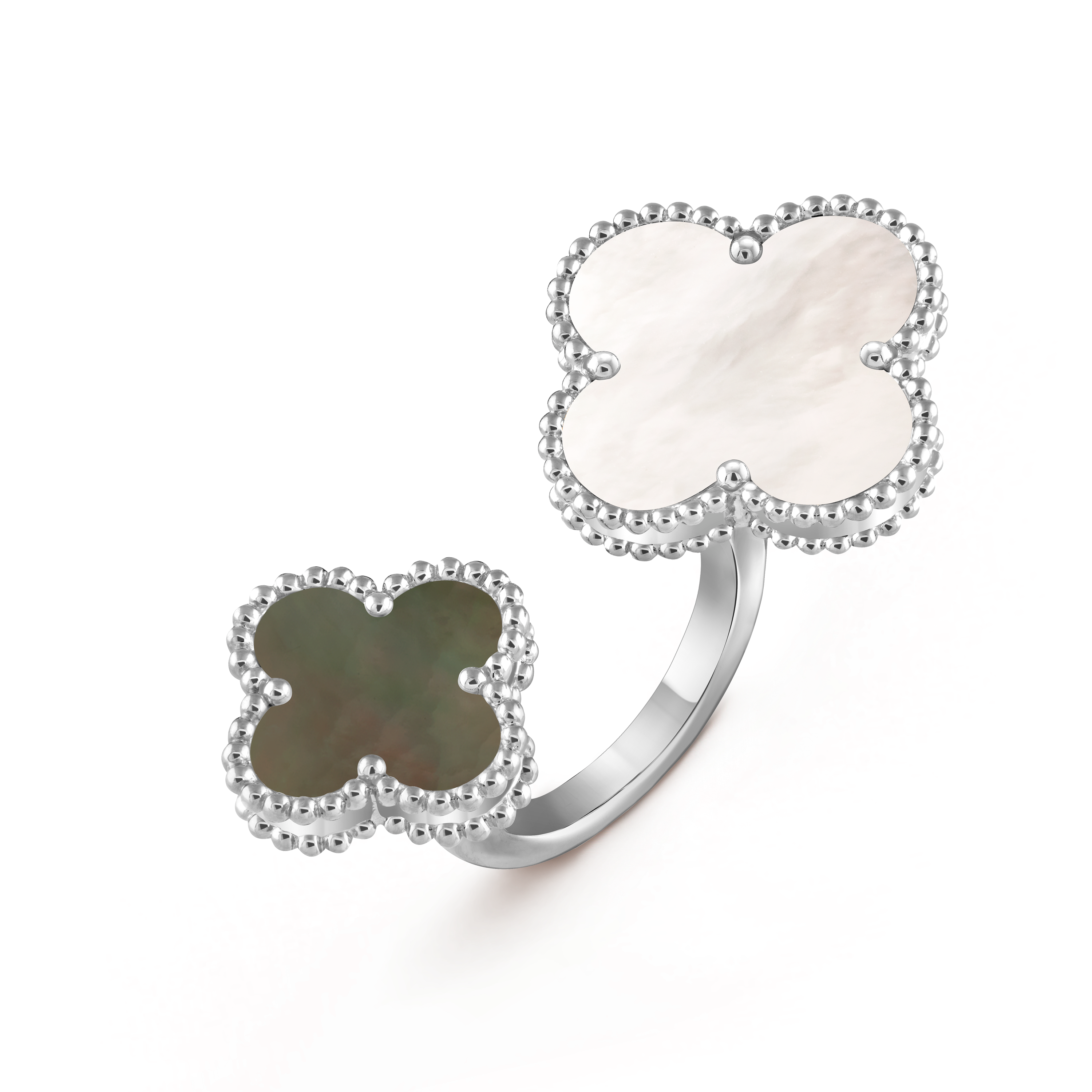 Magic Alhambra Between the Finger ring, 18K white gold, Mother-of-pearl:  2 stones, Three Fourth, Jewelry Ring - Van Cleef & Arpels