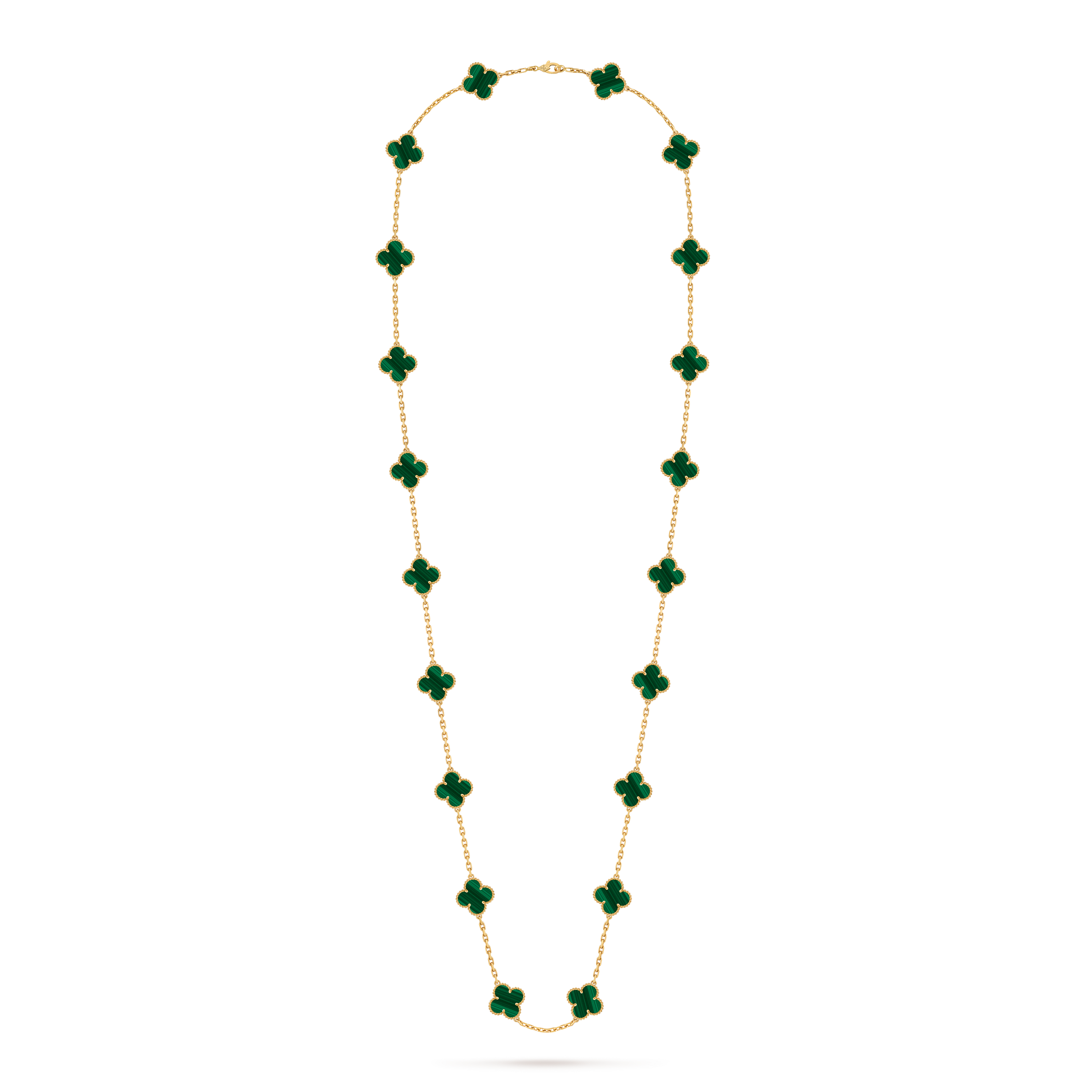 Vintage Alhambra long necklace, 20 motifs, 18K yellow gold, Malachite:  20 stones, Front, Jewelry Long Necklace - Van Cleef & Arpels