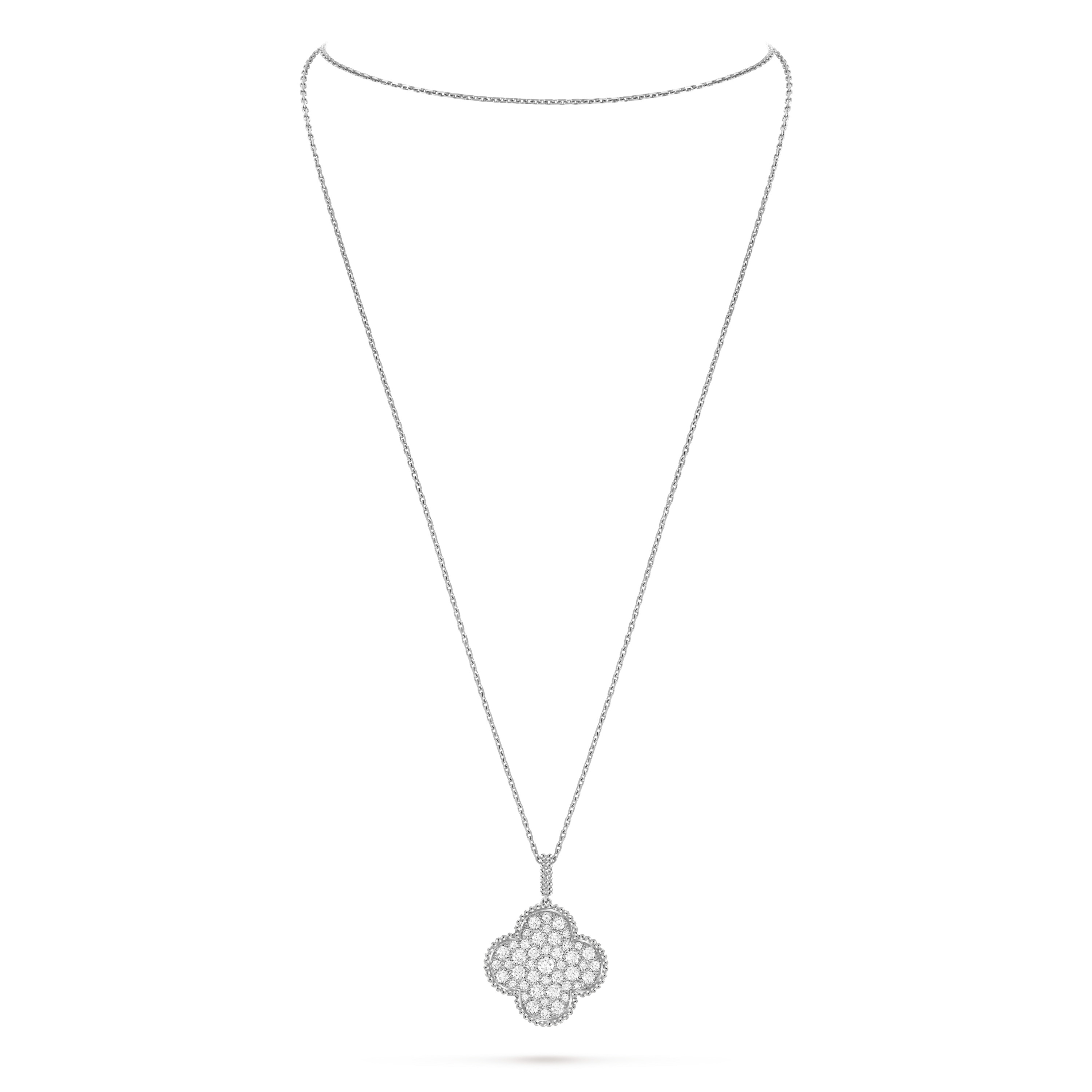 Magic Alhambra long necklace, 1 motif, 18K white gold, Diamond:  60 stones,  2.55 carats, On Stand, Jewelry Long Necklace - Van Cleef & Arpels