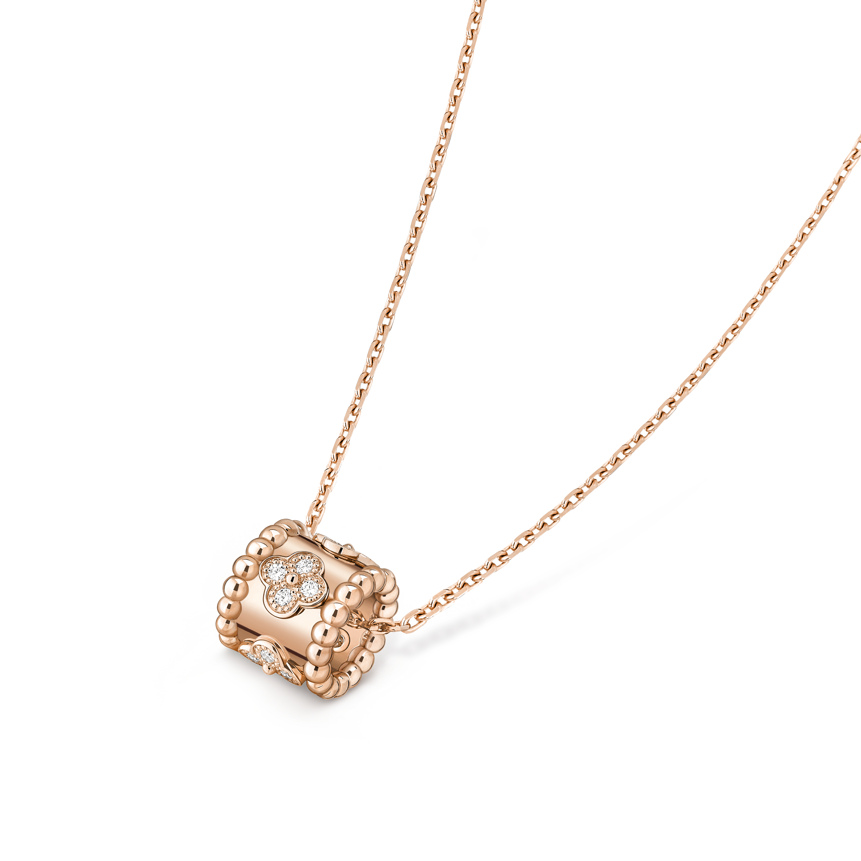 Perlée clovers pendant, 18K rose gold, Diamond:  16 stones,  0.18 carat, Three Fourth, Jewelry Pendent - Van Cleef & Arpels