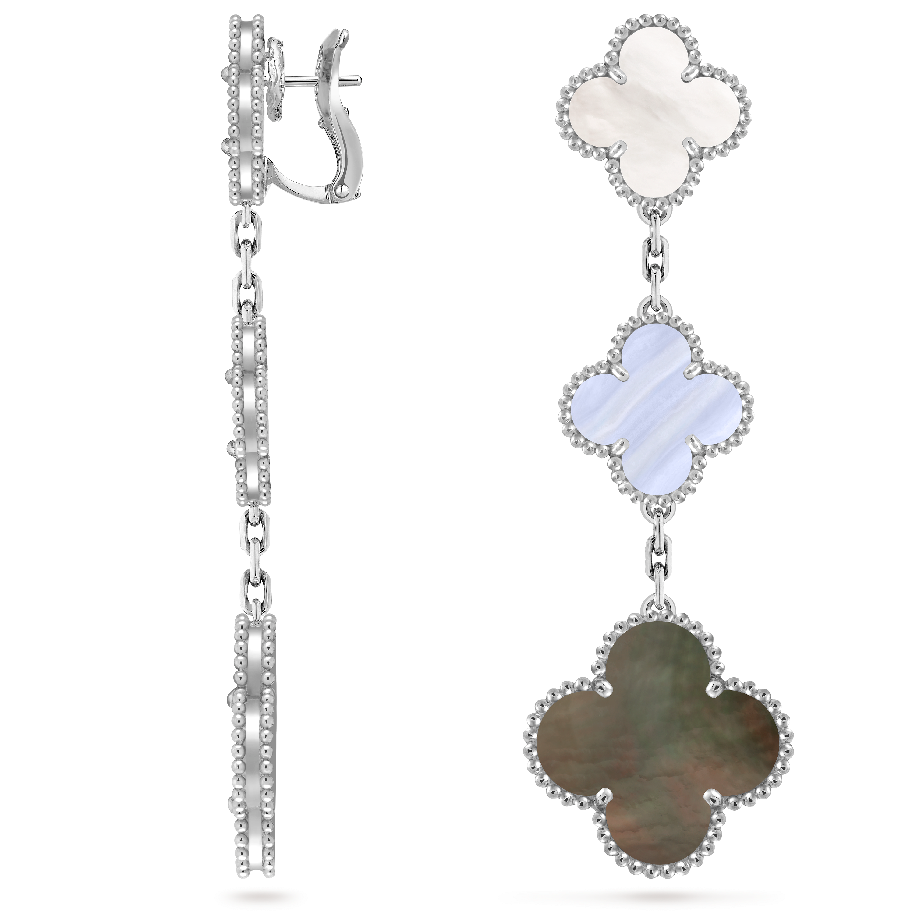 Magic Alhambra earrings, 3 motifs, 18K white gold, Chalcedony:  2 stones, Mother-of-pearl:  4 stones, Three Fourth, Jewelry Earrings - Van Cleef & Arpels
