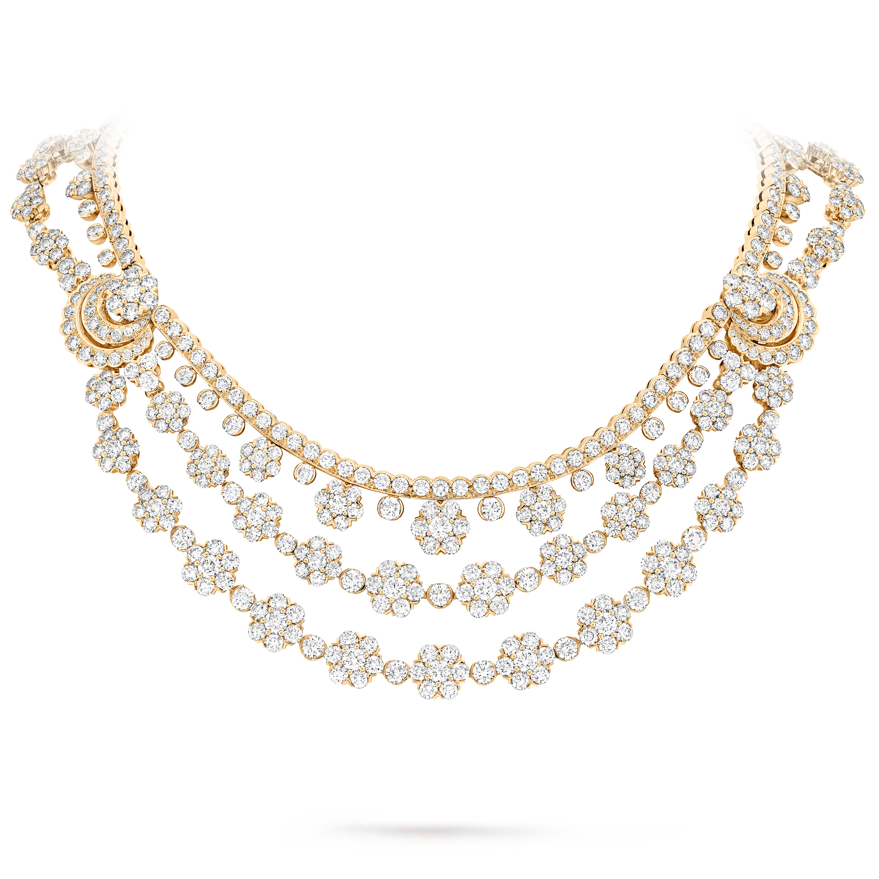 Snowflake transformable necklace, 18K yellow gold, Diamond:  680 stones,  61.72 carats, On Stand, High Jewelry Necklace - Van Cleef & Arpels