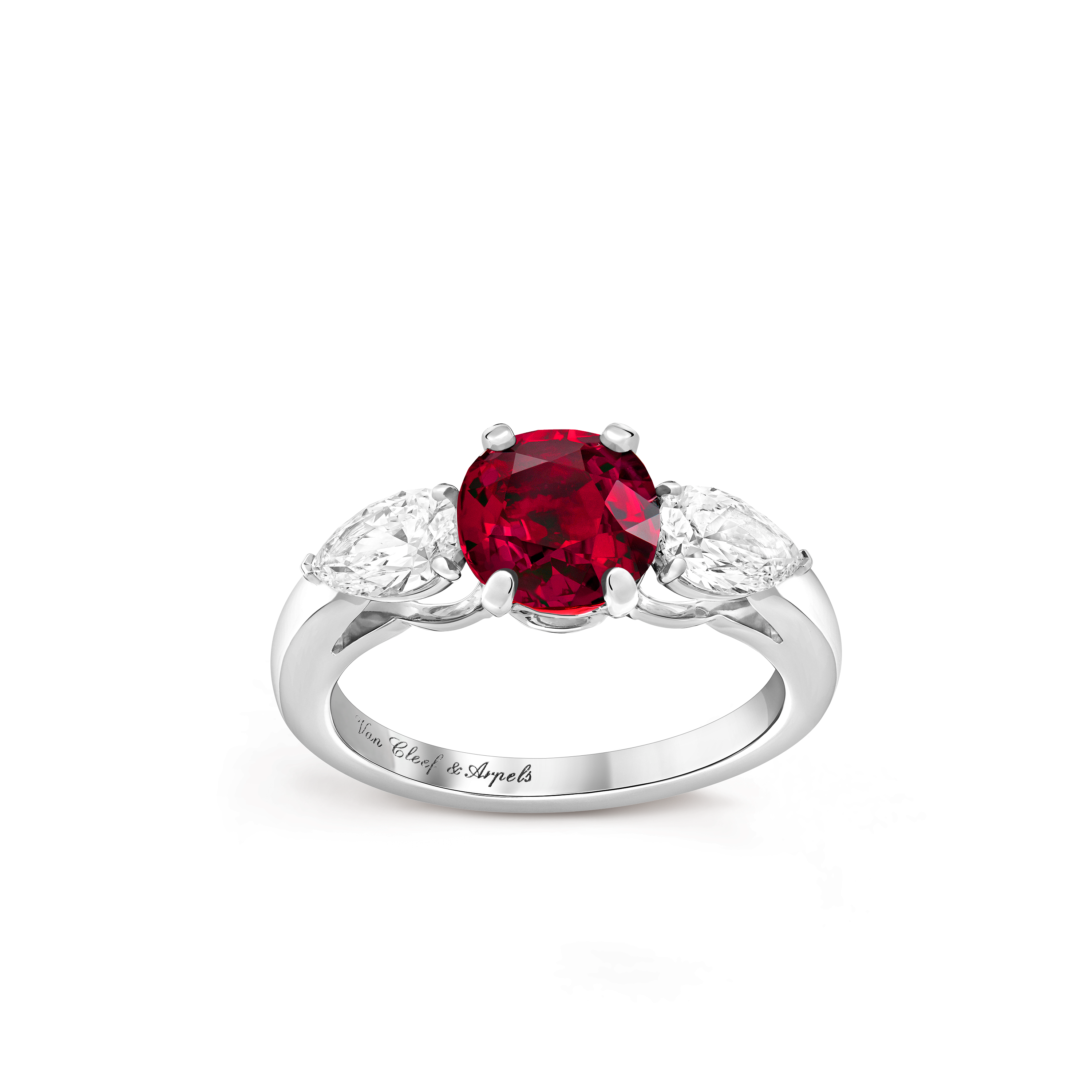 Motifs Pétales solitaire Ruby 2.03 cts, Platinum, Diamond:  2 stones,  0.78 carat, Ruby:  1 stone,  2.03 carats, Front, High Jewelry Ring - Van Cleef & Arpels