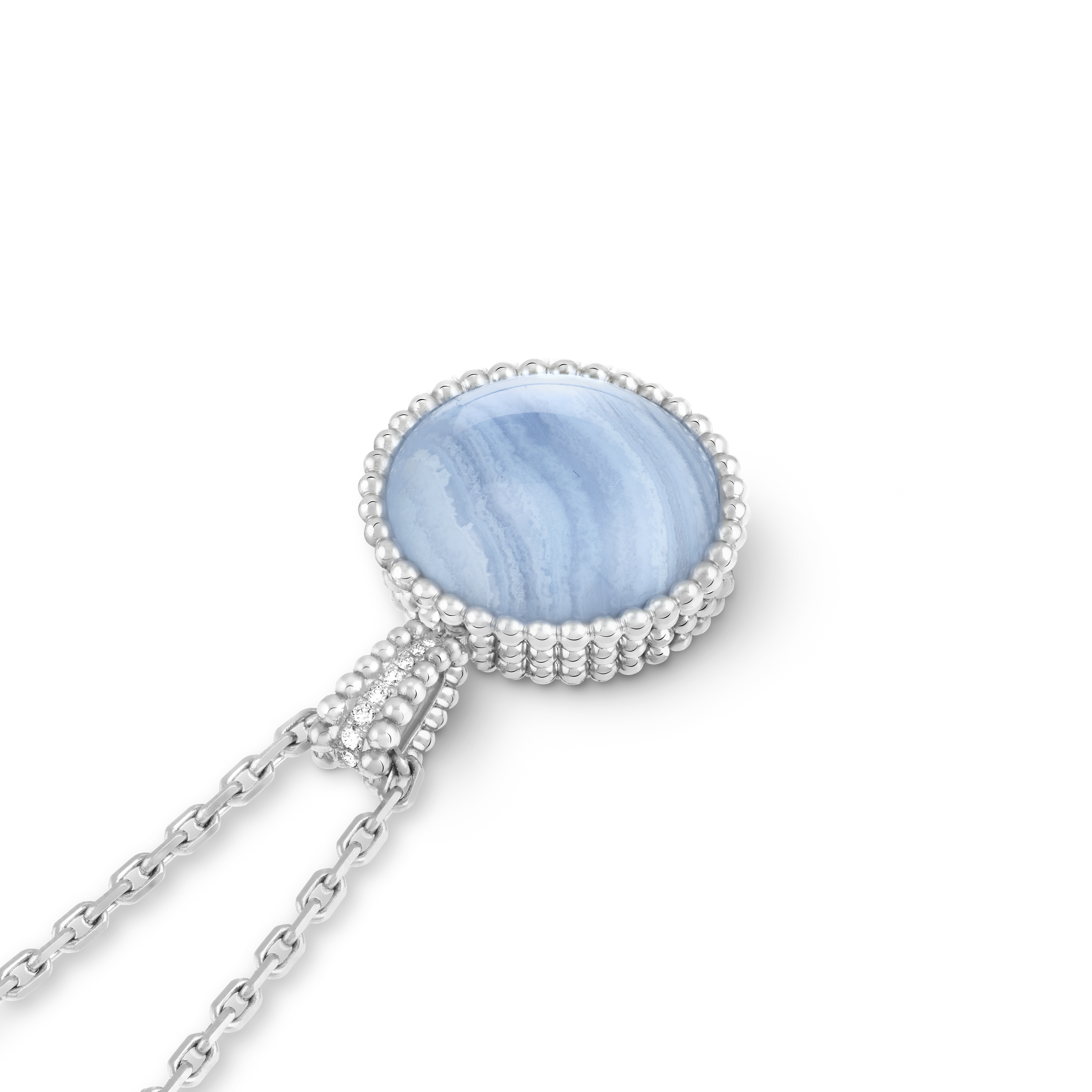 Perlée secret pendant watch, 18K white gold, Chalcedony:  1 stone, Diamond:  40 stones,  0.92 carat, Mother-of-pearl:  1 stone, Front Alternative, Watch - Van Cleef & Arpels